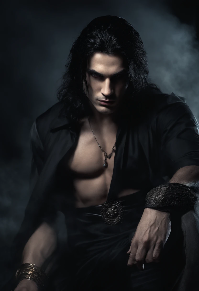(best quality,photorealistic),(dark,foreboding) man,detailed black eyes,long black hair resembling the night,pale skin,visible dark circles,athletic body but covered in scars,ominous atmosphere,gothic aesthetic,nightmare-like appearance,intense gaze,mysterious aura, sinuous and tense posture,dramatic shadows and lighting,vivid contrast between light and dark,hint of danger,enchanted atmosphere