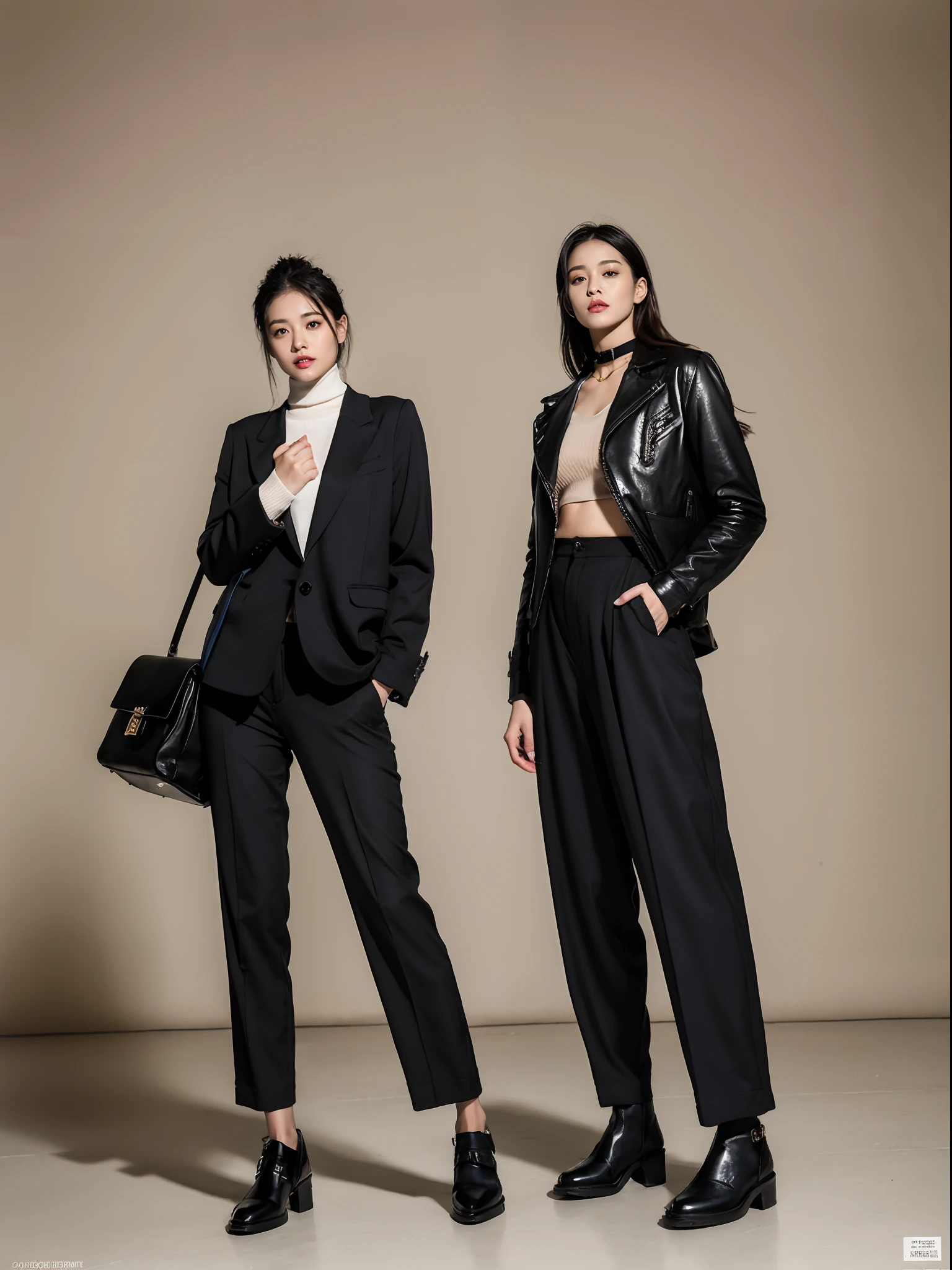 a brunete hair woman in a black dress and tight stockings walks down a runway, girl in a suit, with shoulder pads, girl in suit, in a black suit, wearing black business suit, wearing a black suit, wearing black suit, thierry mugler, with a business suit on, black suit, dark suit, in strict suit, clothed.1990s