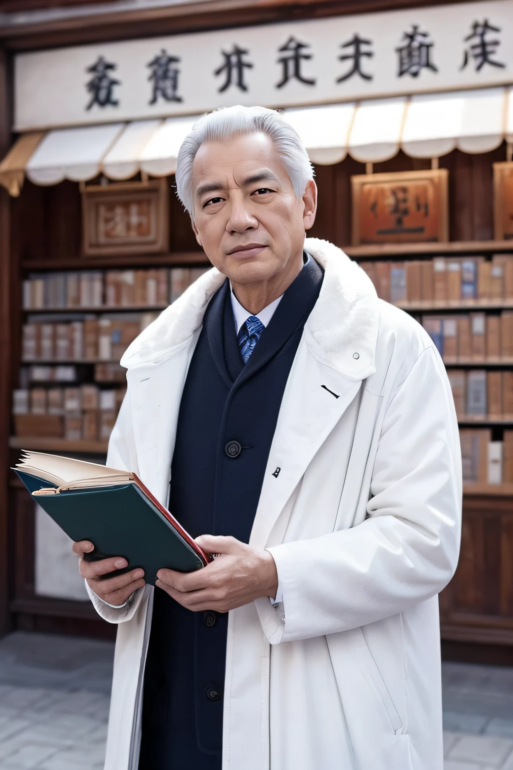 Chinese image,Real frontal photos,Authentic background,Pharmacy background,holding books,Manteau blanc,Face full of wrinkles,TCM image,Wise eyes,male people