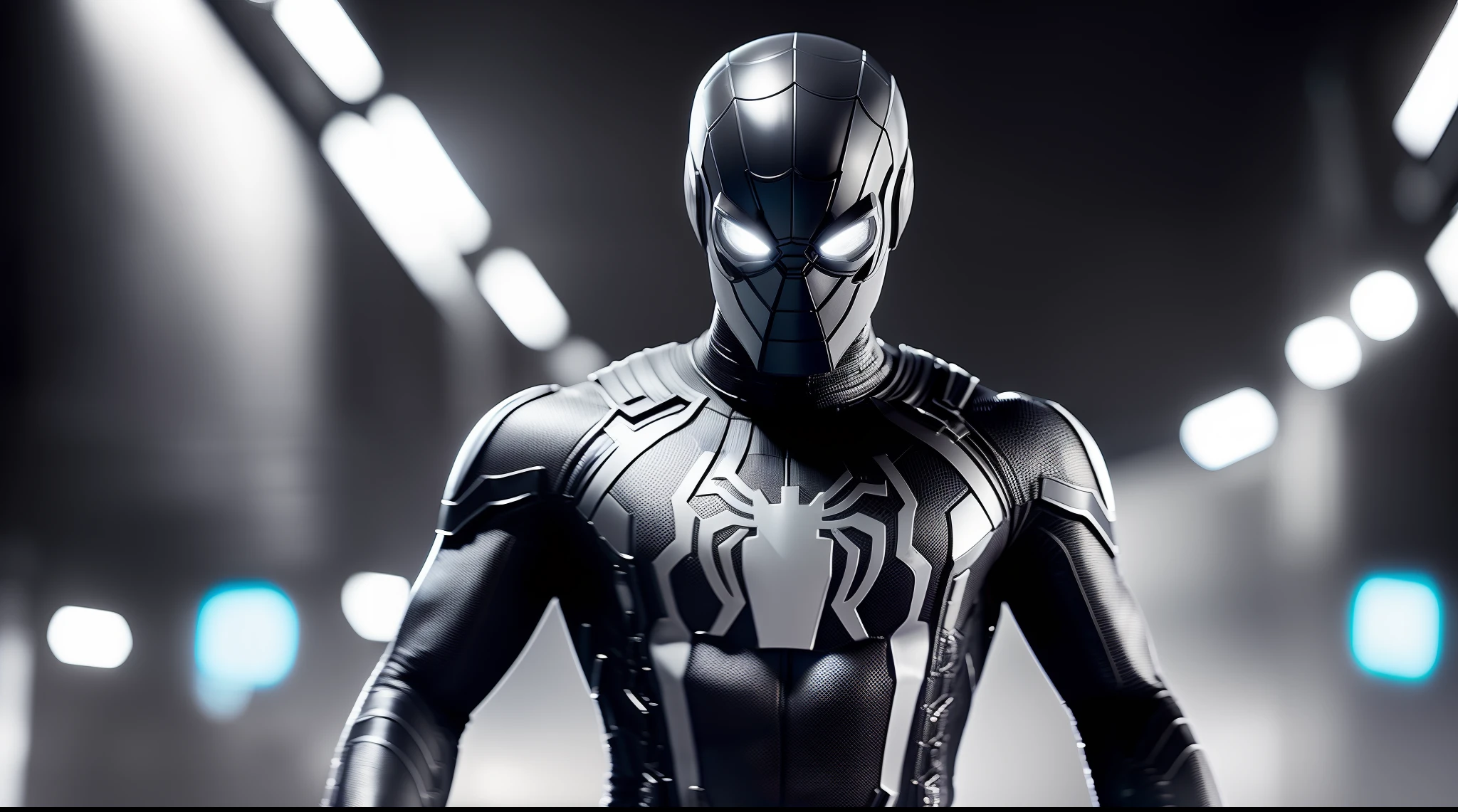 Black and white Spider-Man 3，，super wide angle view，urban backdrop，full of lights，Cinematic texture，Glass break picture，Realistic scenarios，Full body portrayal，Marvel movies，Ultra-realistic rendering of movie posters