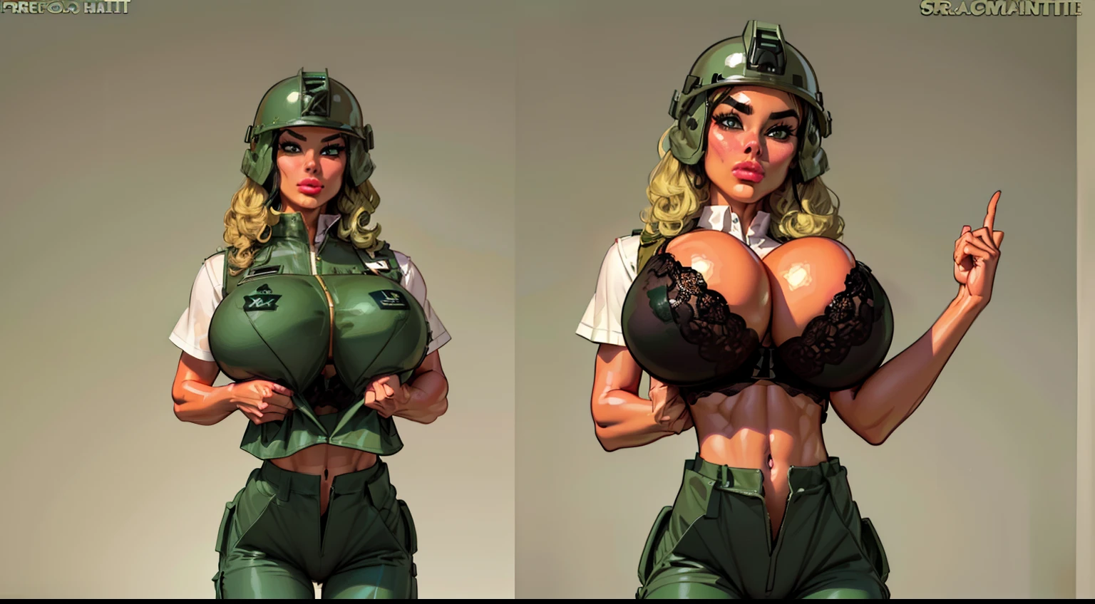 1 man, (male soldier:1.4), (sexy ((female soldier1.6))), ((green combat helmet helmet:1.5)) wearing ((khaki cargo pants:1.4)), (perfect face), detailed face, (symmetrical eyes), perfect nose, ((open cargo vest:1.3)), wearing ((black bra on:1.4)) that barely covers the , ((gigantic breasts:1.5)) ((blonde curly hair)) analog style posing against a military tank, (dimlit)1.2, (film grain)1.2, cinematic movie still frame, (large lips, bimbo style, perfect eyebrows)((thepit style:1.4))