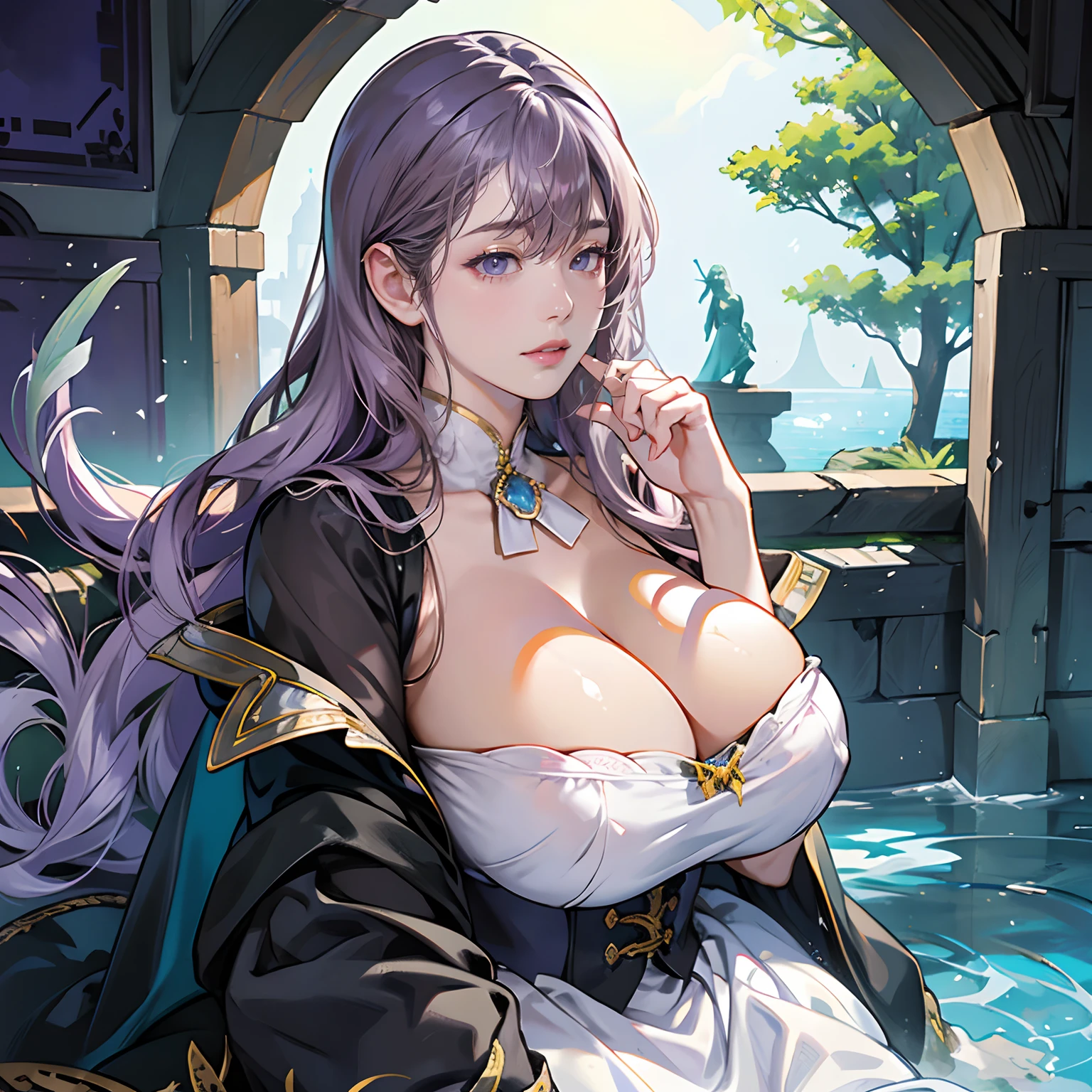 Women in Their 20s, 2 females:2.0、offcial art, unity 8k wall paper, ultra-detailliert, beautifly、Aesthetic, masterpiece, top-quality, Photorealsitic, Female Dark Elves、Dark purple eyes、Long、dark-brown skin:2.0、Red Face Paint、Light purple hair fluttering in the wind、Braids:2.0、Pointed ears、Jet black costume、Light purple blouse、Silver brooch、Black and silver hair ornament、Blue dagger:2.0、Big bag、depth of fields, Fantastic atmosphere, Calm palette, tranquil mood, Soft shading、Ruins of the castle、Ruins covered with vegetation、flowingwater、Crumbling stone statue、Green Tree々、Desolate landscape、、Huge brery large breast、pluure、Shining Fairy:2.0、Fairy Dust:1.6、Light Powder、Big bow and arrow、Yakita、Black arrow feathers、black cloak