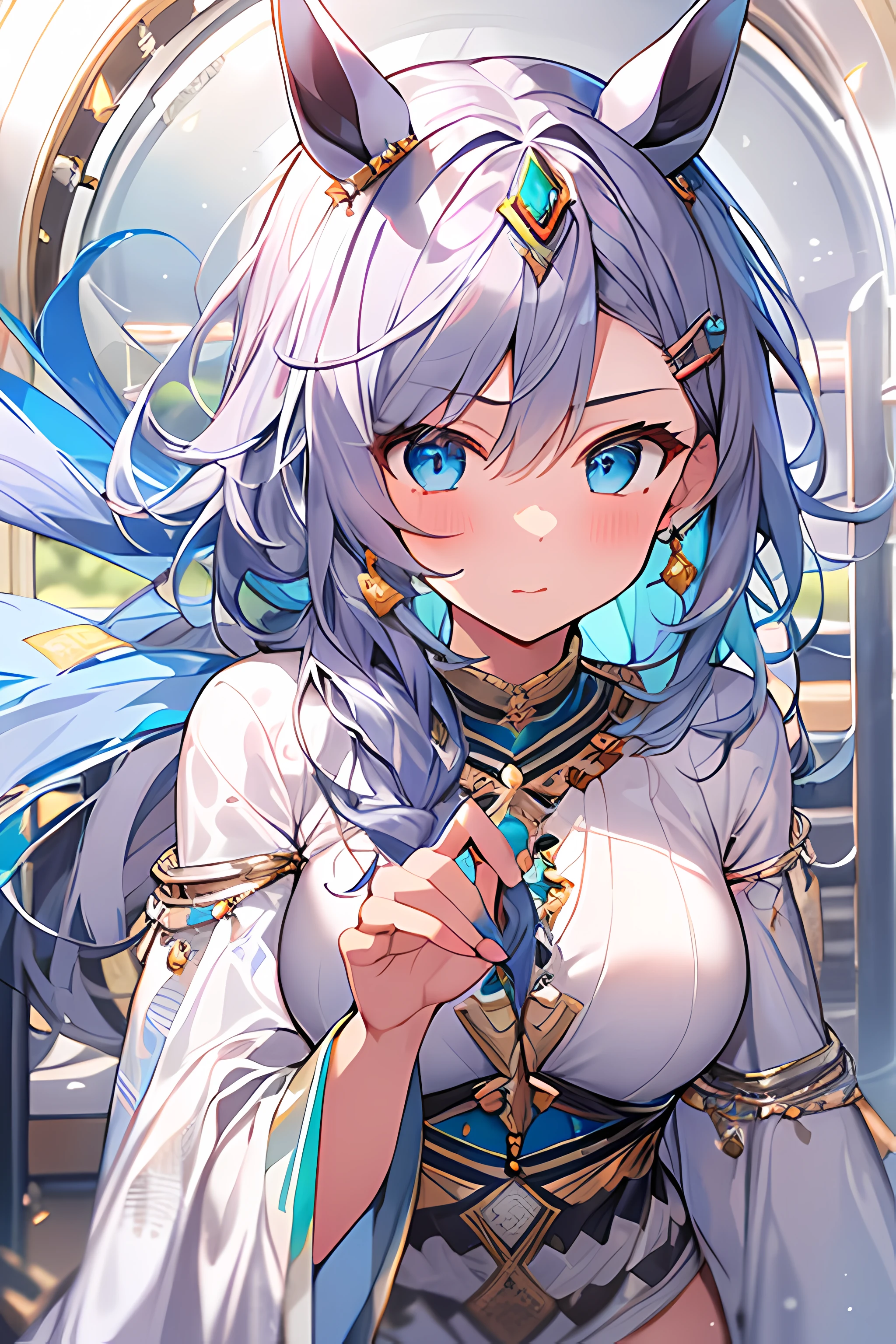 (masterpiece, best quality), super high resolution, (Top Quality photorealistic Illustration), (Super Definition), (cute illustration:1.3), (high saturation:1.3), extremely detailed, detailed background, cinematic lighting, (an extremely delicate and beautiful), (nice hands, perfect hands), (appropriate posture), (appropriate configuration), ideal ratio body proportions,
((1girl)), solo, (stretching:1.3), (in the gymnasium), sunlight, beautiful lighting,
BREAK
beautiful girl, 18 years old, beautiful detailed blue eyes, silver medium bob hair, medium breasts, (serious),
((wearing Moroccan Caftan)), (hair ornament), (black thighhighs), (wearing silver horse ears and silver horse tail:1.3)