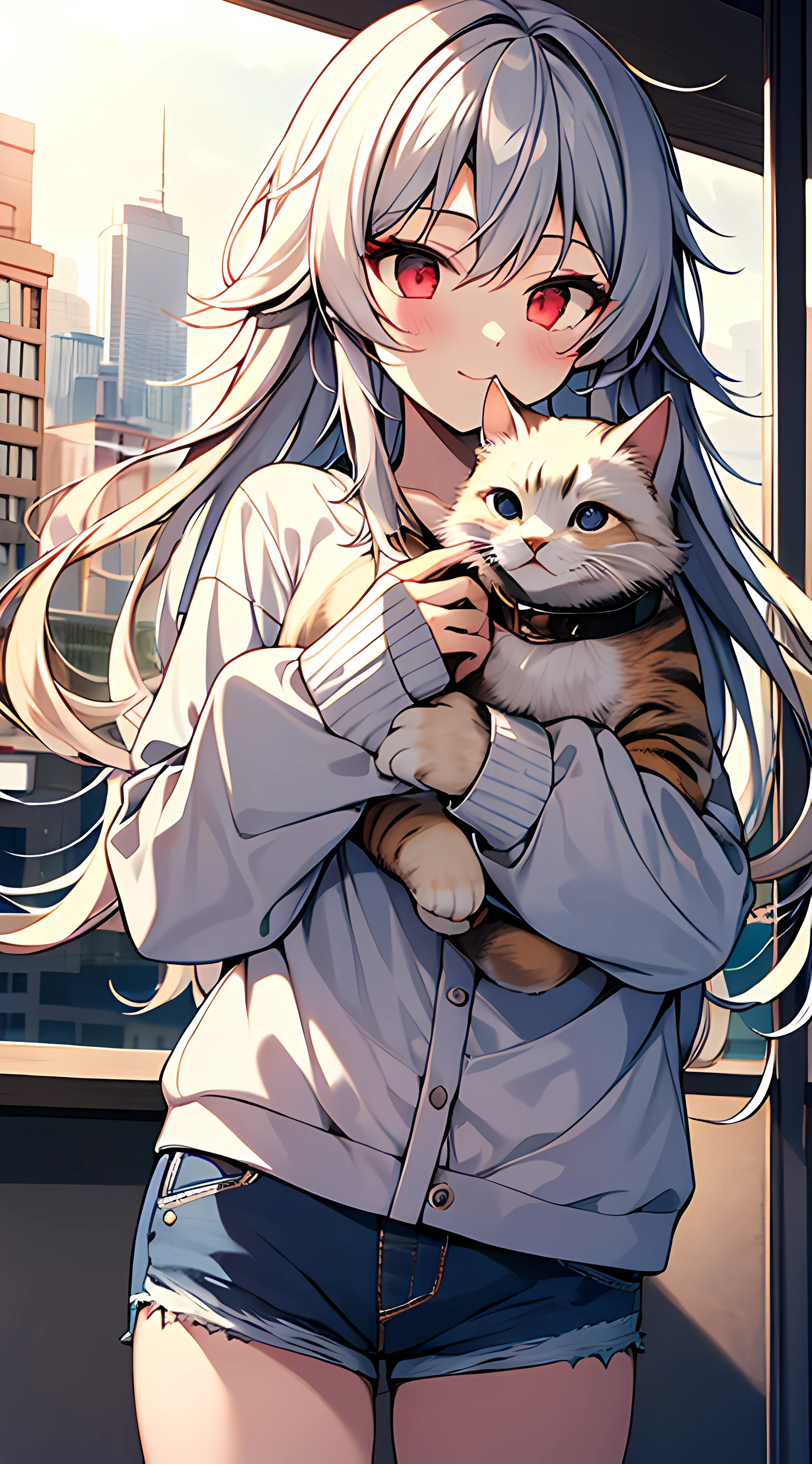 eirudy_\(springwitch3\),masterpiece,1girl,red ruby eyes,wearing plain white shirt, denim shorts, holding a cat,city,absurdres,high res, ultrasharp, 8K, masterpiece, looking at viewer
