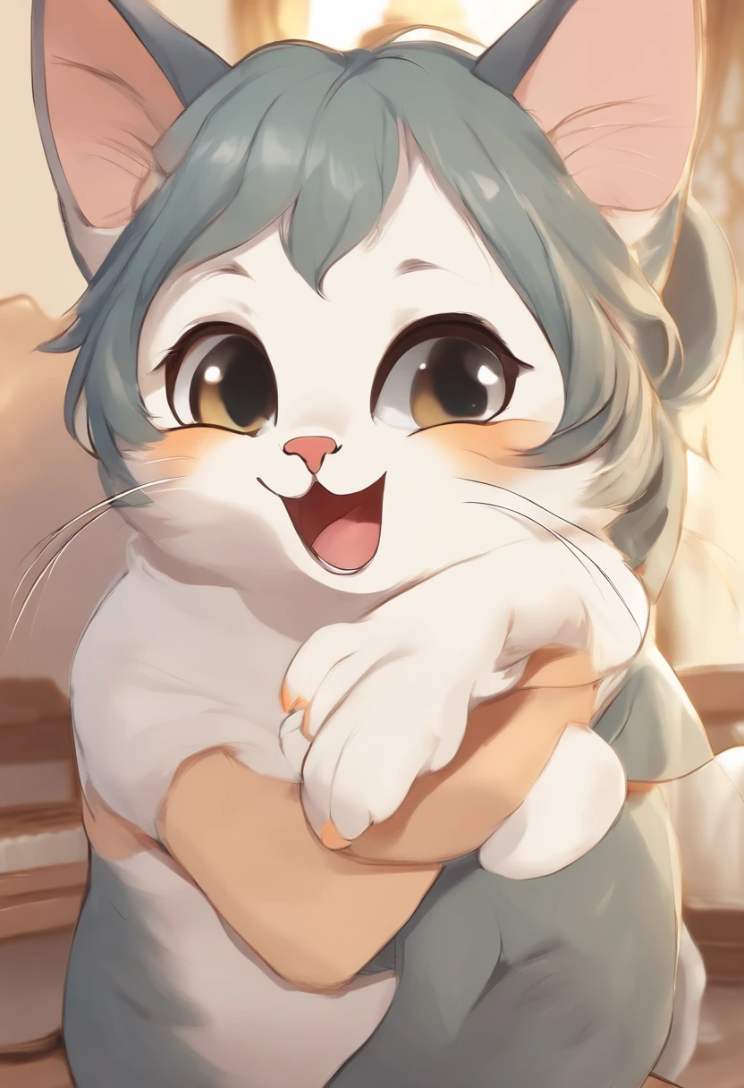 There is a cat that sits with its mouth open, anime cat, anime visual of a cute cat, Cute cat, Eared flounder, cute artwork, by Shitao, realistic anime cat, happy cat, sora as a cat, expressing joy. by krenz cushart, cute anime catgirl, by Yang J, Cat [ playing piano ]