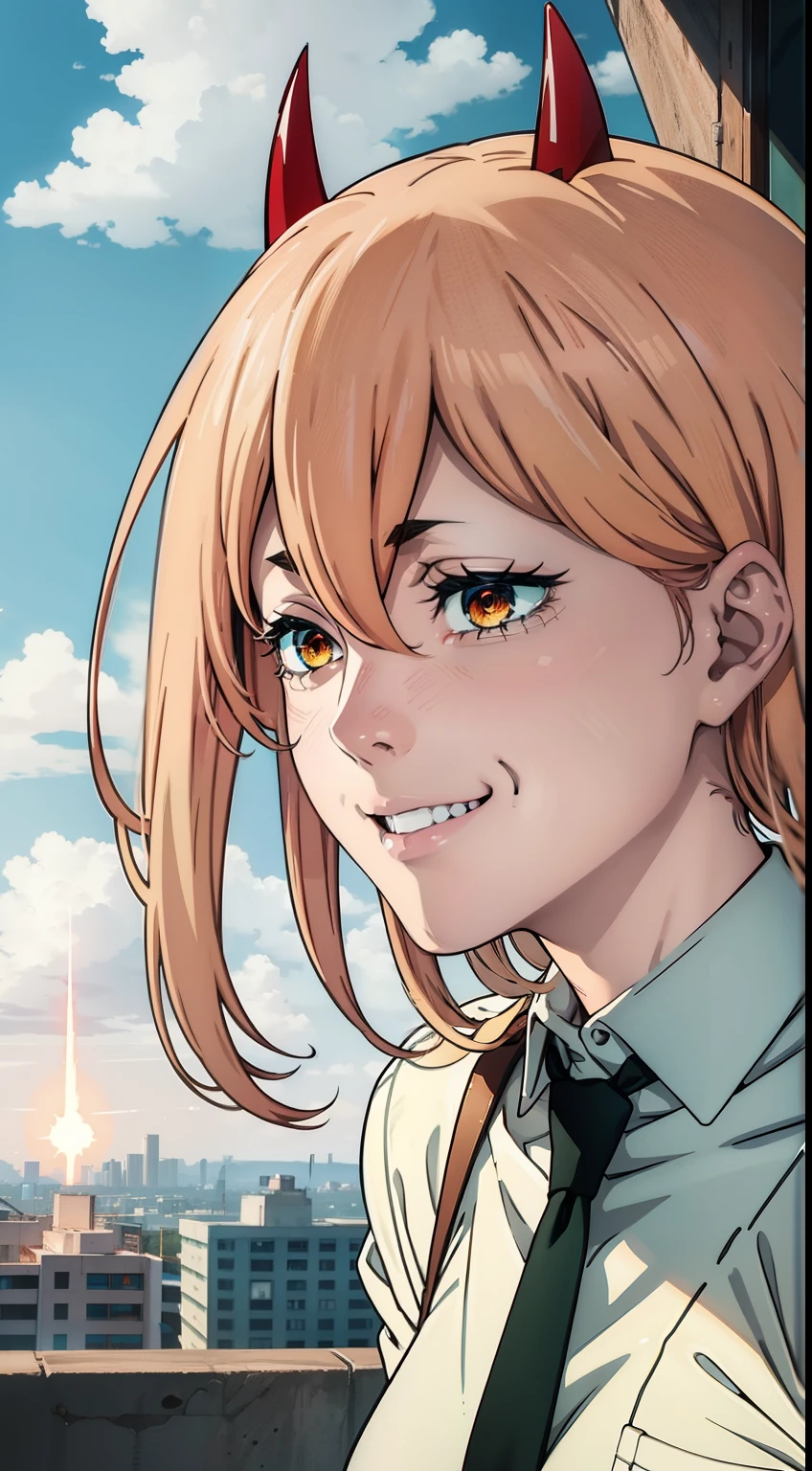smilling, blonde, Pink_Hair, dangerous,vivid eyes,Yellow eyes, Odin, roof, Mesmerizing eyes,Confident,superior, naughty, LAUGHTER BREAK (power \(chainsaw man\),), back light, glowing eyes, an artistic, wallpapers, black necktie, (Sensual),Happy, BREAK Intimate, Digital Art, High Details, contemporary, Intricate, (a perfect face), Traced lights, BREAK superior,Cinematic, absurdes, white shirt, City, red horns, Energy from a chainsaw, Red horns on the head, Anime girl with a smile, detailed digital anime art, Cool anime 8K, Clean and detailed anime art, Gouveyz on Pixiv ArtStation, 4K Manga Wallpapers, Guweiz in Artstation Pixiv, Подробный портрет Anime Girl, Anime 4K Style, Anime Art Wallpapers 4K, Anime Art Wallpaper 4K Masterpiece, Gorgeous, Best Quality,