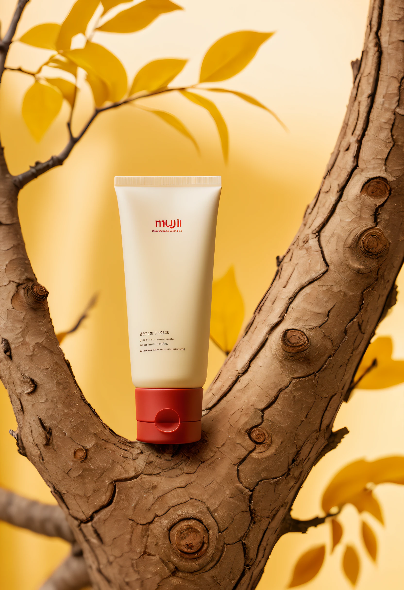 Product Photography::1.6, Muji product on thick tree trunk::1.5, thick tree branch, close up of product, minimalist style, light yellow to orange red style background, professionally captured through product photography, rich detail, captured with Hasu camera, shallow depth of field, focus on center of frame