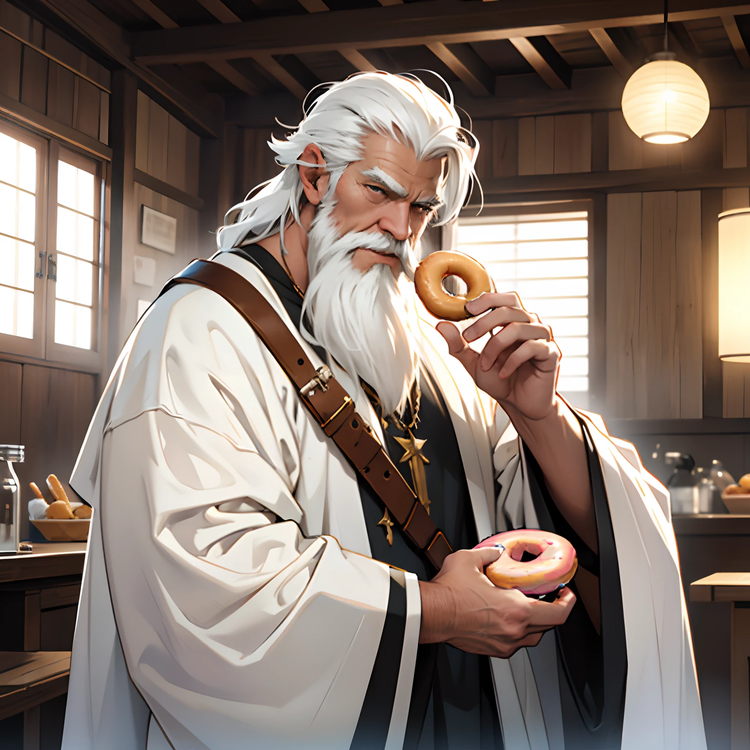 Old man with white robe holding a donut, background indoor, white beard, face similiar to chris hemsworth