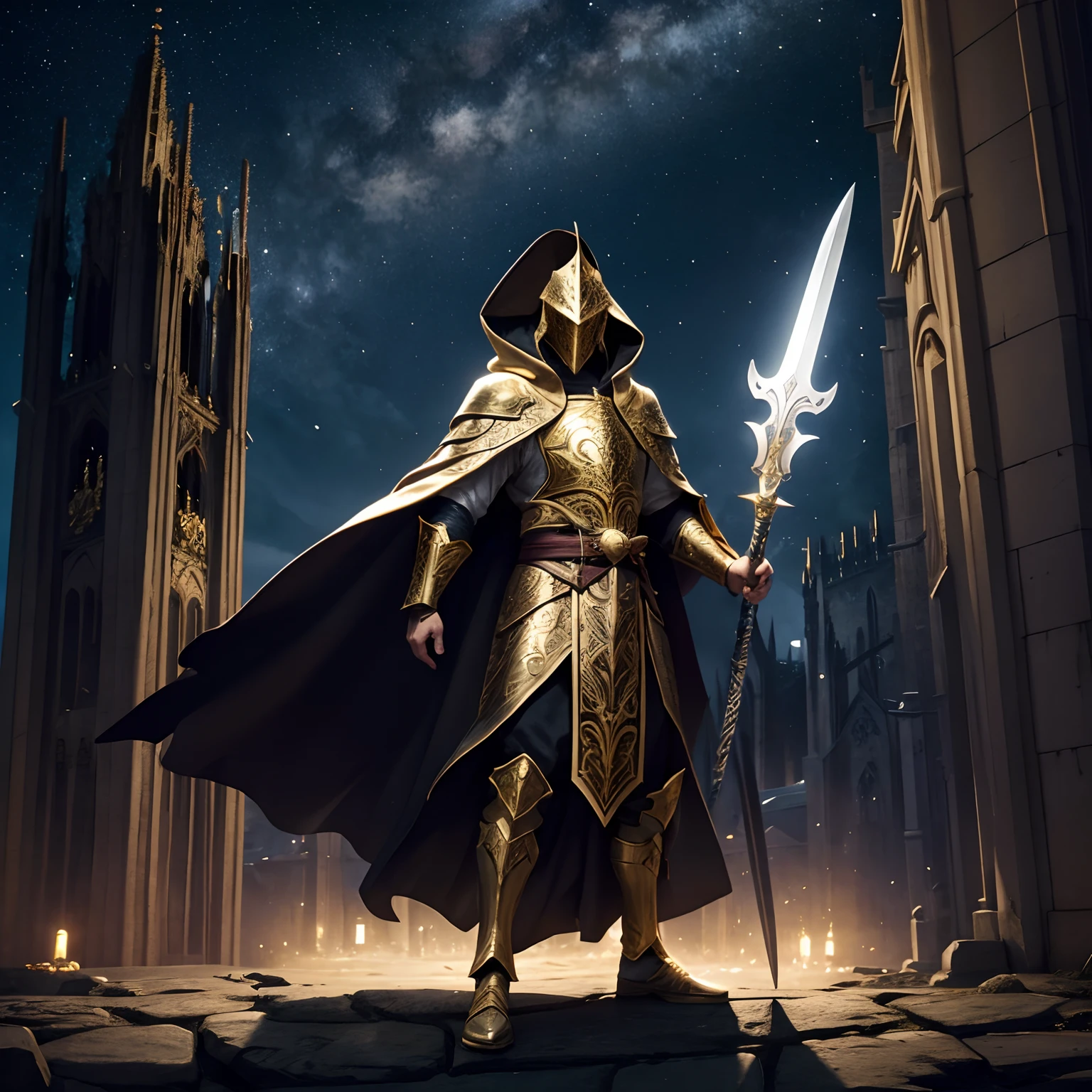 full body low angle shot of an intimidating male holy unarmored warrior with cloak with hood wearing golden and white clothes wielding a two-handed greatsword standing on top of a cathedral tower on a starry night, man, ritualistic mask, long cloa, hining white eyes, low angle, highly detailed, masked