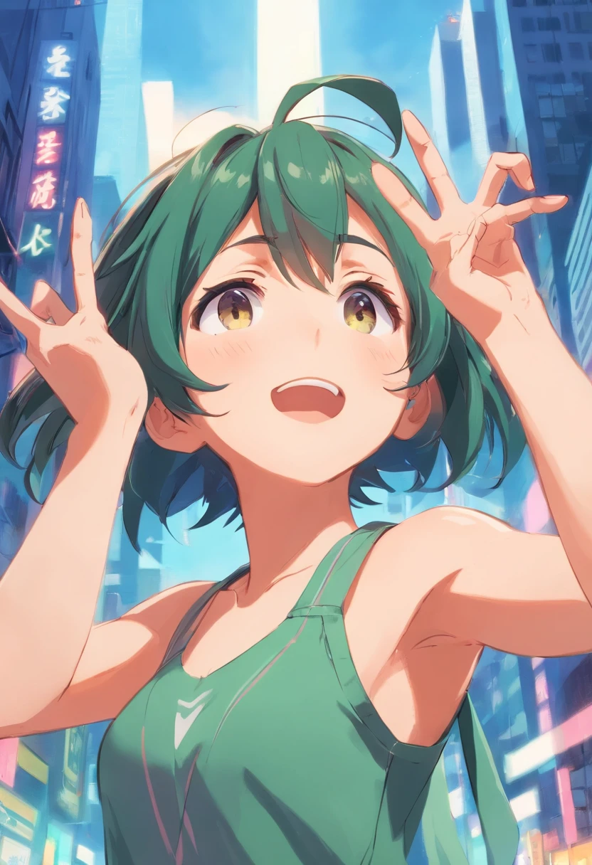 garota, anime, menina goblin, arms up, hands behind the head, pelos, sovaco,