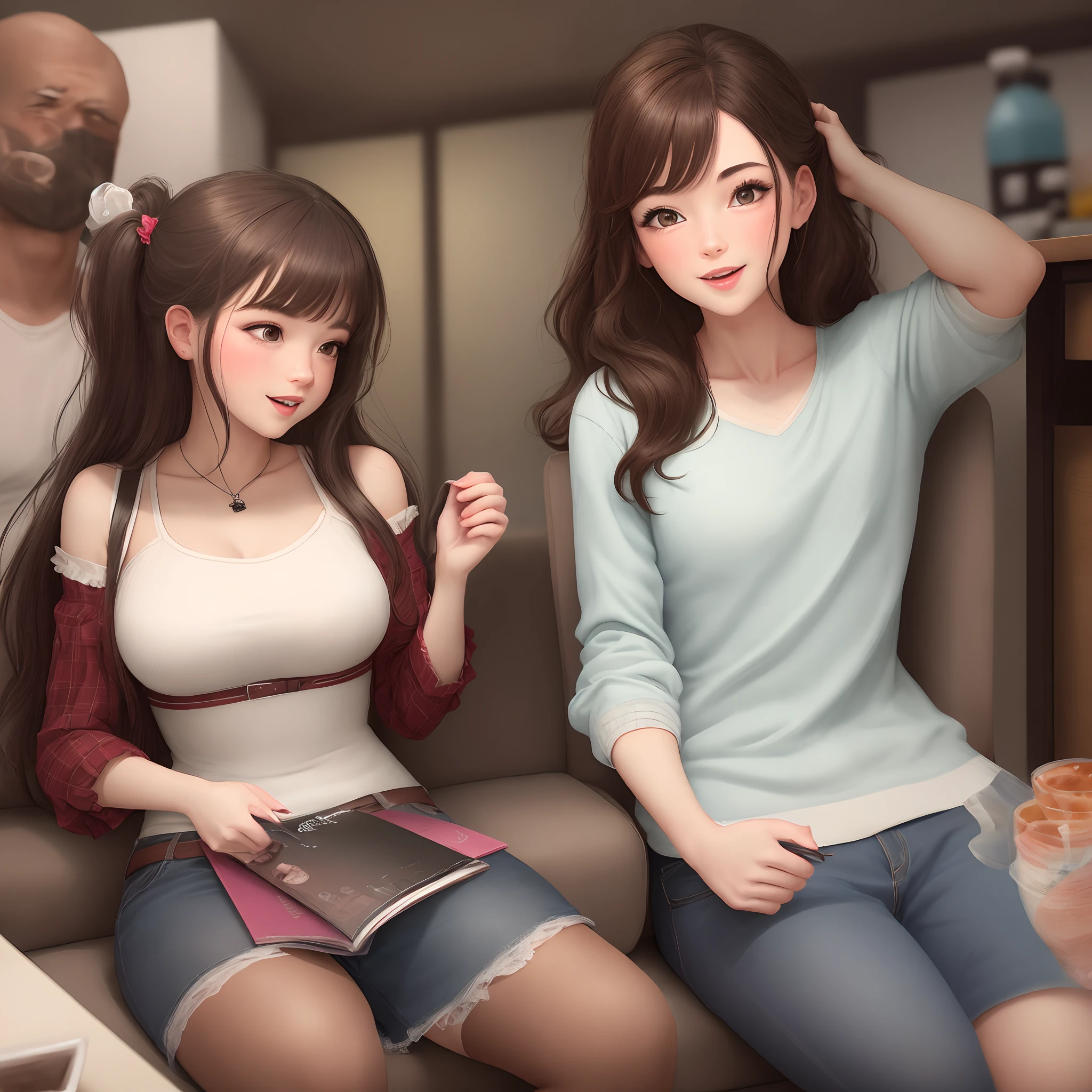 Ultra realistic , three girls, obra maestra, mejor calidad, alta calidad, defined, detailed, HD, (piel morena), ojos definidos, ojos cafes intensos, long eyelashes, small mouth, sonrisa, :D, very long hair, pelo liso, pelo oscuro, cuerpo reducido, bosom barely contained, big breasts, sexy, posando foto, estudio, mini skirt rosa, sin sostenes, no bra, excitada, pezones erectos, libros, sentada, leyendo, nice view, full body, nice body, pink, camisa blanca, camisa ajustada, abierto, mojada, sudada, caliente, tight, sonrojada, nice legs, no socks, sin flequillo, peinada hacia atras, teacher big breasts, pose lasciva, girl changing clothes, petites, no skirts, horny, one prettiest, one de espaldas, mostrar culo, teach book, laying down, no panties