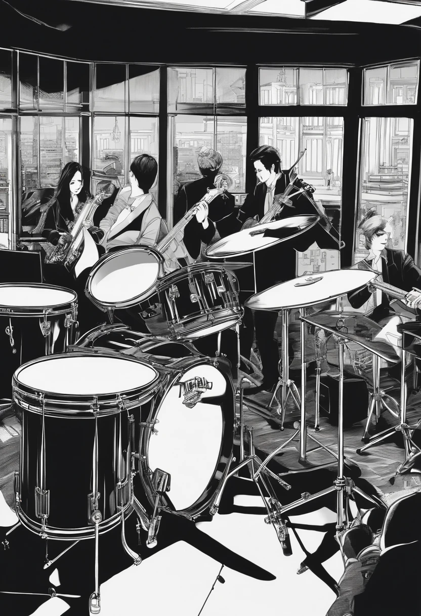 Anime scene of a band playing music in a music studio, Quinteto de jazz, inspirado por Tsuruko Yamazaki, por Eizan Kikukawa, black and white manga page, monochrome artwork!!, Tonos manga, Yukio - E, Kentaro Miura estilo Manga Art, masterful composition!!!, por Yanagawa Nobusada, Panel de manga en blanco y negro
