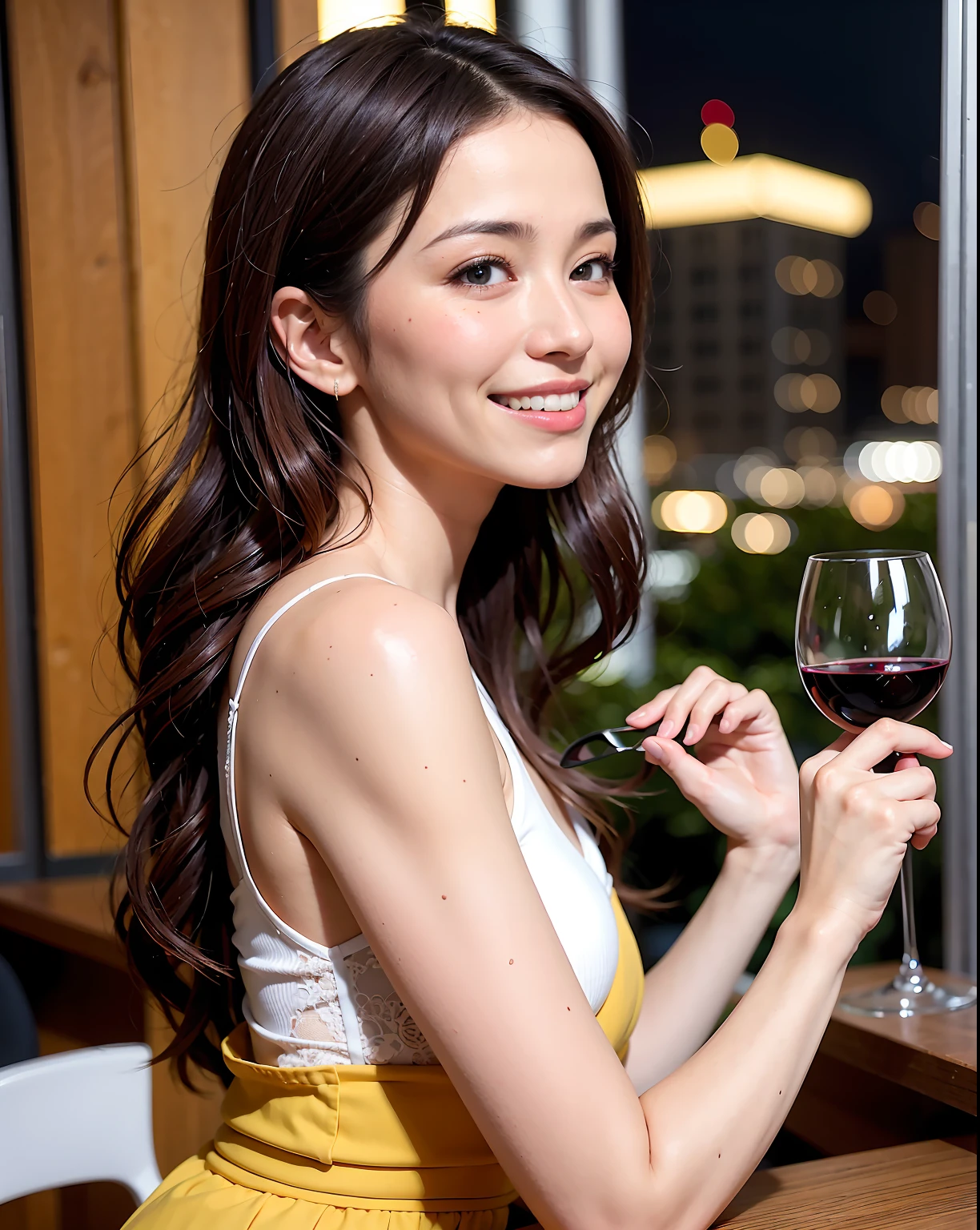 (64K, UHD, top quality, masterpiece: 1.2), (realistic, photorealistic: 1.37), super detailed, pretty woman 1 person, (slim face), (slim body), (brown hair), (short cut), cheeks slightly blushing, (44 years old), 38 years old, solo, beautiful detailed urban night view outside the window, restaurant, wine glasses sit, at night, in a prominent placeNovaFrogStyle, Actress, Model, Waist Up, White Wine, Slim, Wine Glass, Super Clean Night View, Wine Glass Put in the Middle, Happy Smile, (Smile: 1.15), Beautiful Fine Eyes, Upper Body, Bust Japan Up, Night, Short, Short, Actress, Model, Waist Up, White Wine, Slim, Wine Glass, Super Clean Night View, Wine Glass Put in the Middle, Happy Smile,