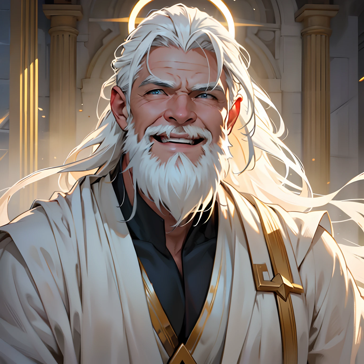 Old man with white robe happy face, smiling to the camera, background indoor, white beard, face similiar to chris hemsworth, zoom in, enlightment, halo on his head, divine