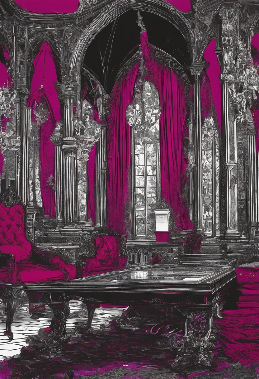 Photograph of the process that takes place in the text-to-image software with artificial intelligence in the first moments of generation.Dance party in a retro Western-style building、The spectacle of the aristocratic feast、Red and purple、Black and white color scheme