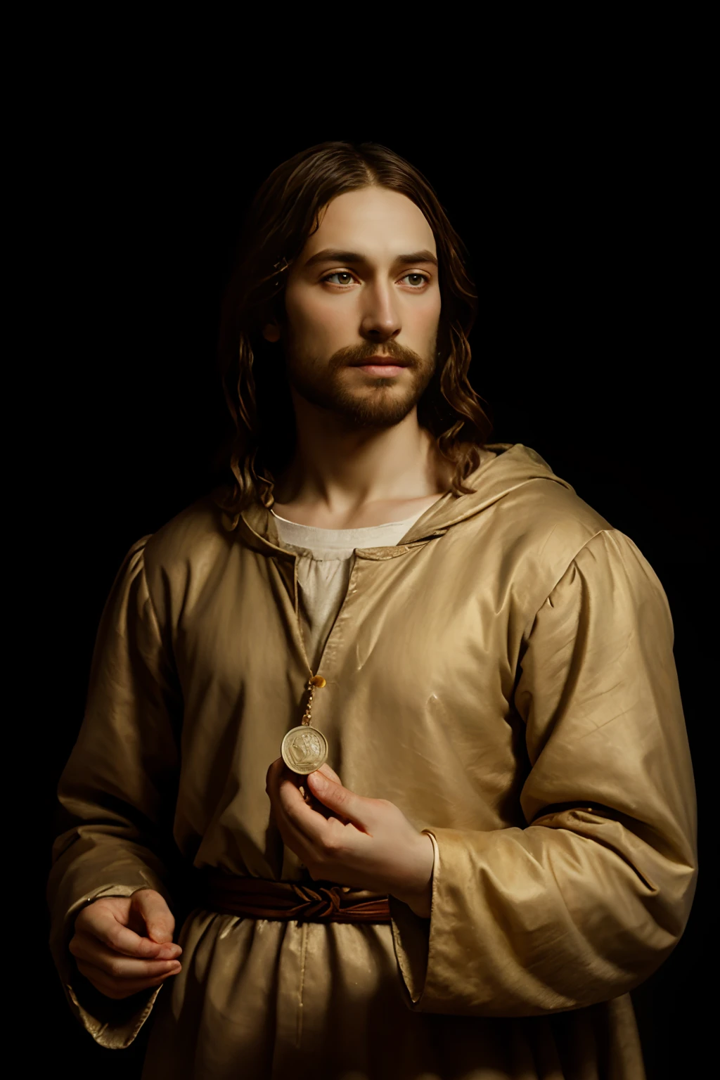 Jesus Christ hold a coin in his hand, black background, art by Anthony van Dyck