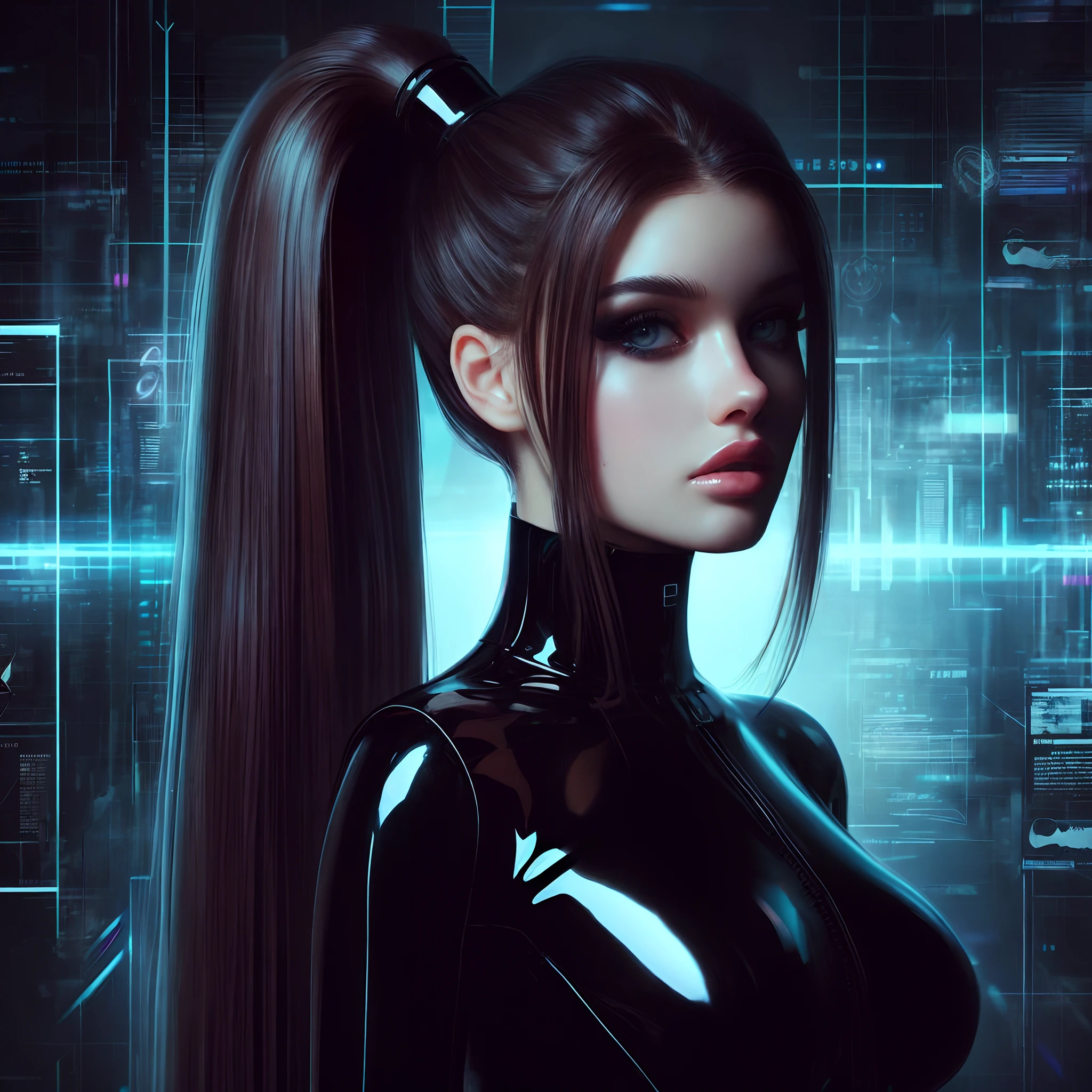 a close up of a woman in a black latex outfit, perfect android girl, cyborg - girl, cyborg girl, seductive cyberpunk dark fantasy, dreamy cyberpunk girl, female cyberpunk anime girl, beautiful android woman, cyberpunk 2 0 y. o model girl, cyberpunk girl, cyberpunk beautiful girl, cute cyborg girl, beutiful girl cyborg, retrofuturistic female android, cyber school girl