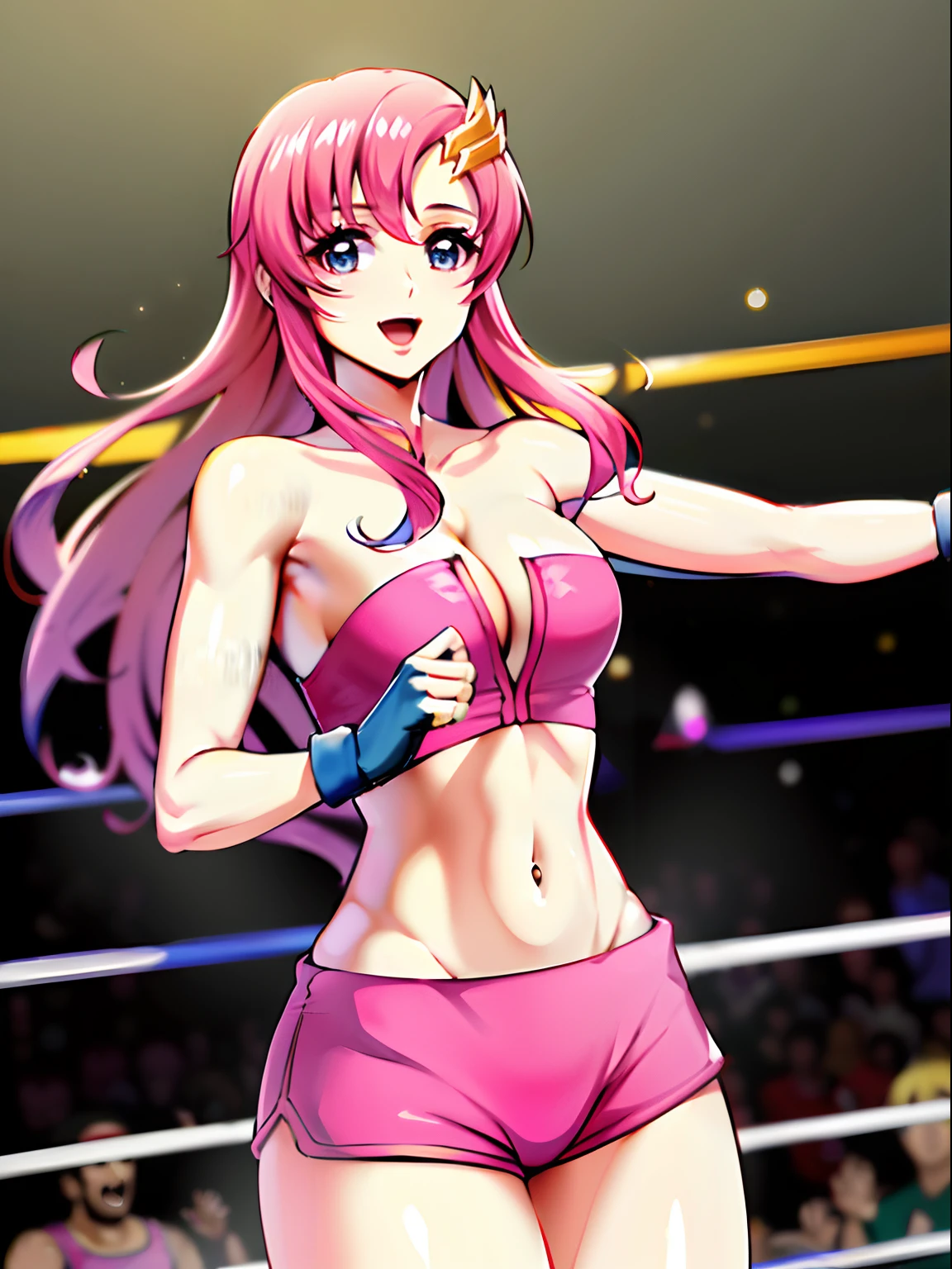 (((pink strapless wrestling outfit, gloves, pink shorts , slender body, long stomach, nice thighs, happy, gentle))), (masterpiece, standing , 4K, Best Quality, Anime style,, Adult Woman, ultra detailed face, (cloud background, wrestling), Drawing lines, high resolution, Anime, lacus4), 1girl, Solo, very Long hair, 鎖骨, scapular, (floating hair, Detailed wide hair bangs, Hair Ornament, Detailed reddish-pink hair, golden crest), cleavage, large hands, (pro female wrestler). (Big blue eyes, shiny eyes), ((female wrestler, little biceps, slender body, broad shoulders, closed fists, open mouth)), ((perfect proportions, medium breasts, cleavage, long belly)), (((mini strapless wrestling))), (looking at the viewer, sexy, smile),