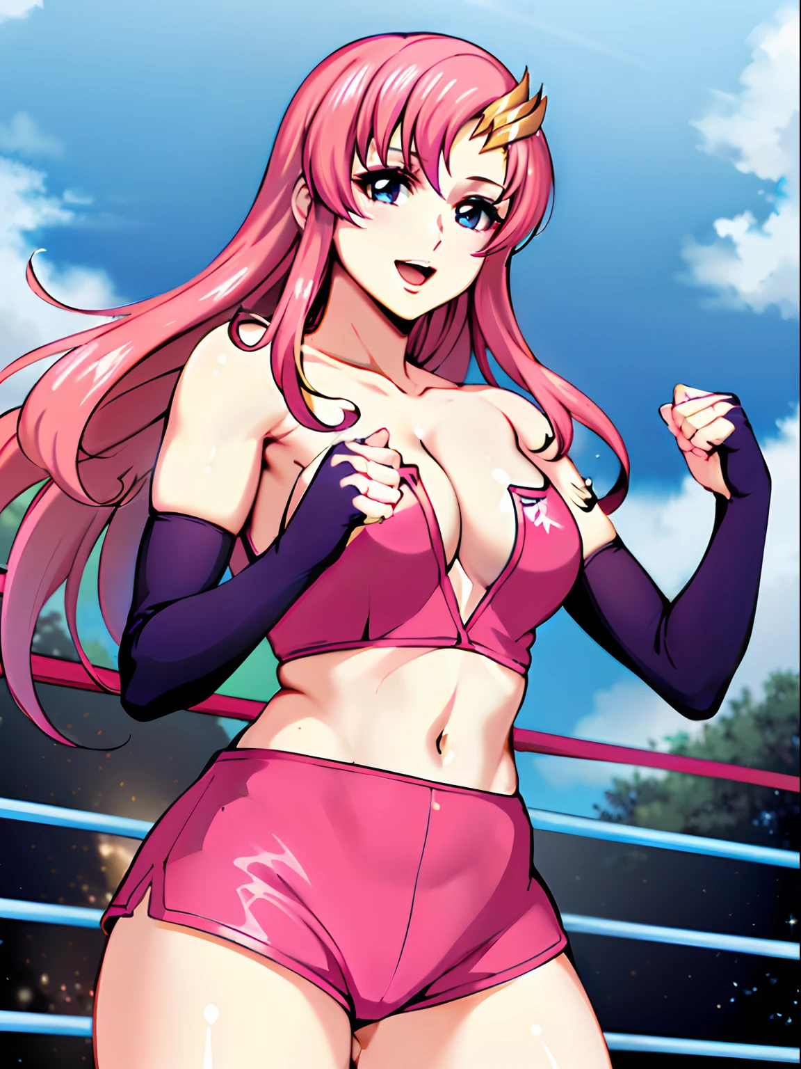 (((pink strapless wrestling outfit, gloves, pink shorts , very slender body, long stomach, nice thighs, happy, gentle))), (masterpiece, standing , 4K, Best Quality, Anime style,, Adult Woman, ultra detailed face, (cloud background, wrestling), Drawing lines, high resolution, Anime, lacus4), 1girl, Solo, very Long hair, 鎖骨, scapular, (floating hair, Detailed wide hair bangs, Hair Ornament, Detailed reddish-pink hair, golden crest), cleavage, large hands, (pro female wrestler). (Big blue eyes, shiny eyes), ((female wrestler, little biceps, slender body, broad shoulders, closed fists, open mouth)), ((perfect proportions, medium breasts, cleavage, long belly, off-shoulders)), (((mini strapless wrestling))), (looking at the viewer, sexy, smile),