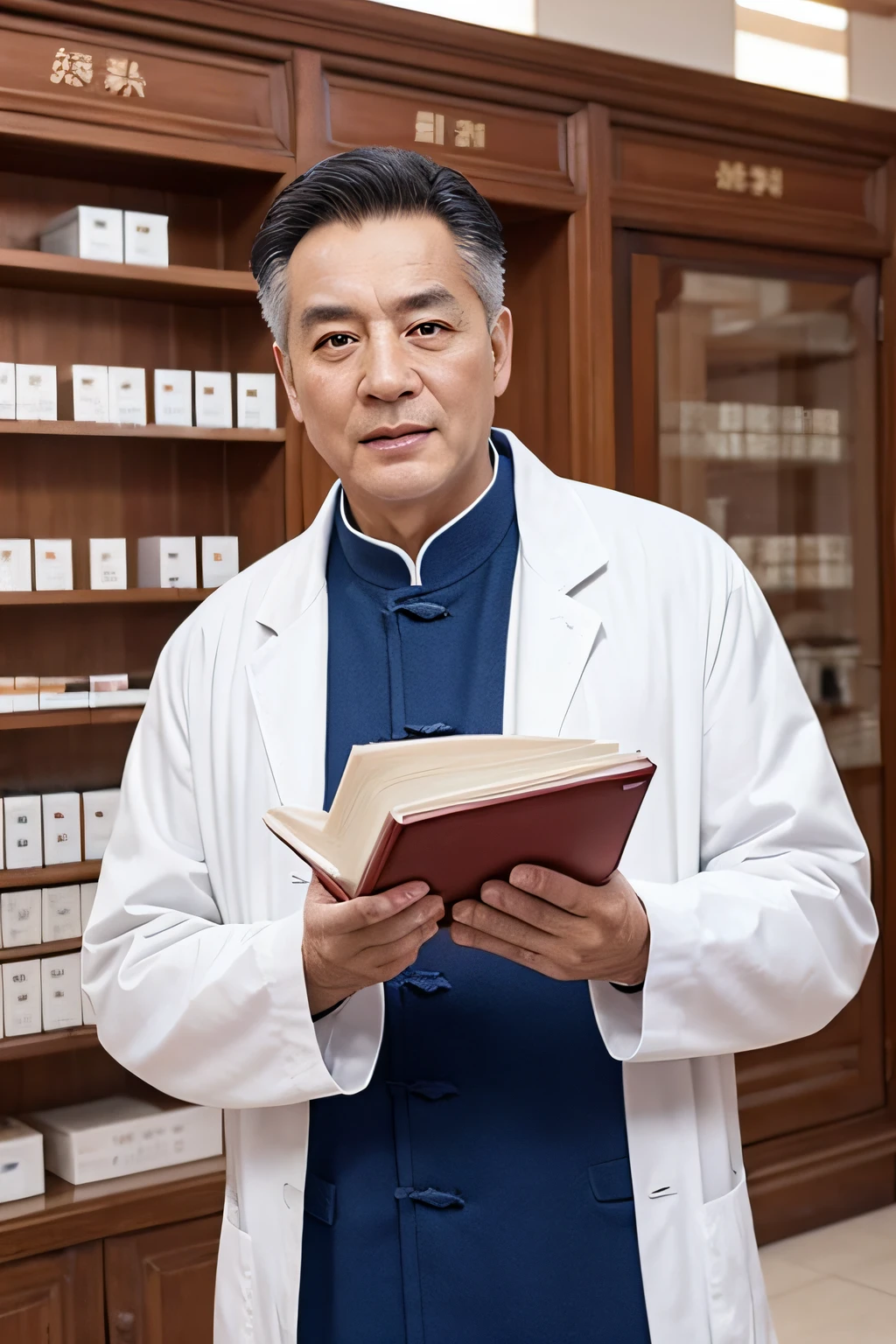 Chinese image,Real frontal photos,Authentic background,Pharmacy background,holding books,Manteau blanc,Face full of wrinkles,TCM image,Wise eyes,male people