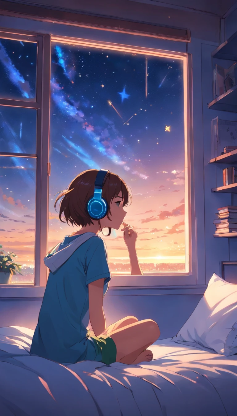 a girl hearing music with headphone in bed window side night many star in sky