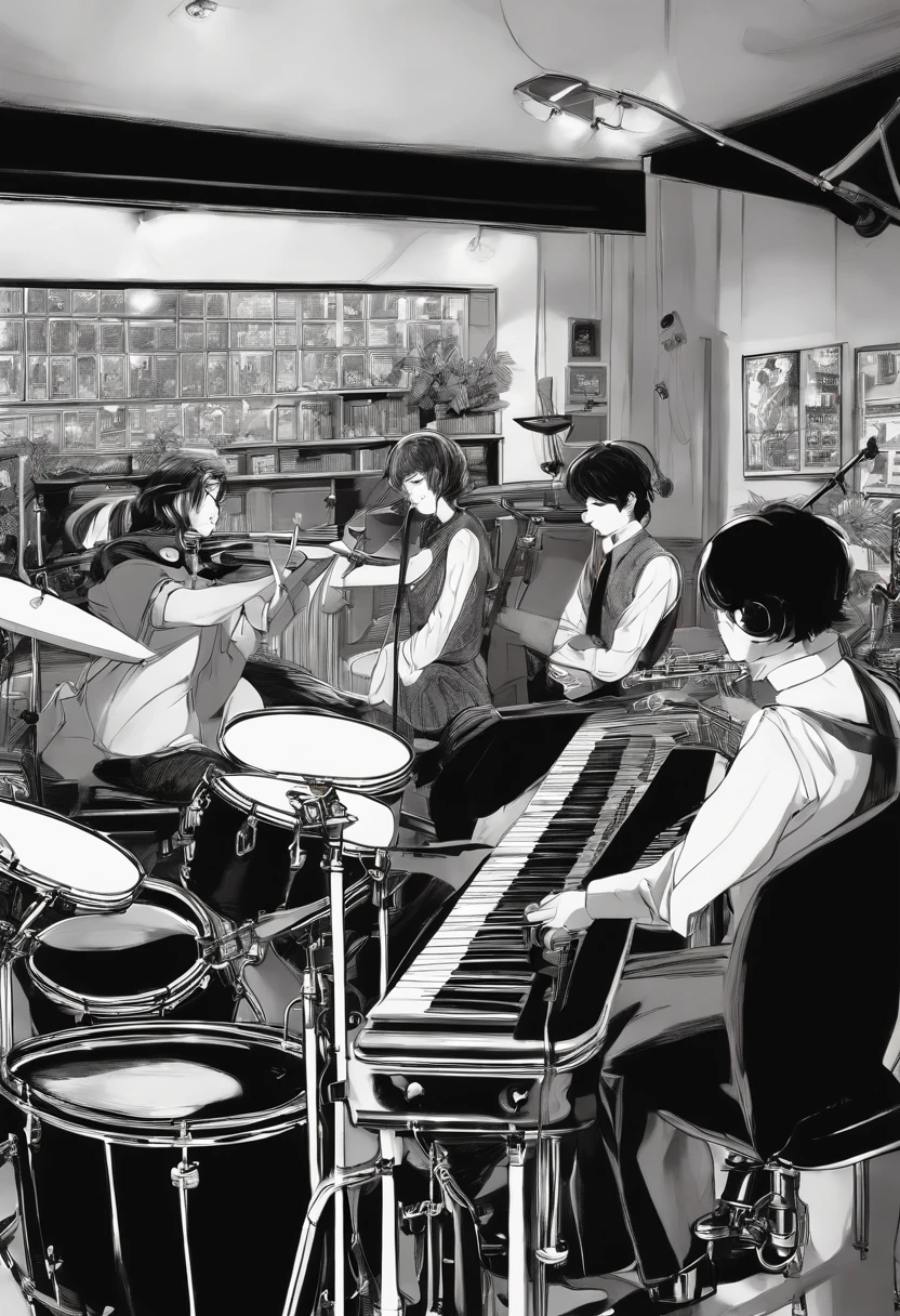 Anime scene of a band playing music in a music studio, Quinteto de jazz, inspirado por Tsuruko Yamazaki, por Eizan Kikukawa, black and white manga page, monochrome artwork!!, Tonos manga, Yukio - E, Kentaro Miura estilo Manga Art.
