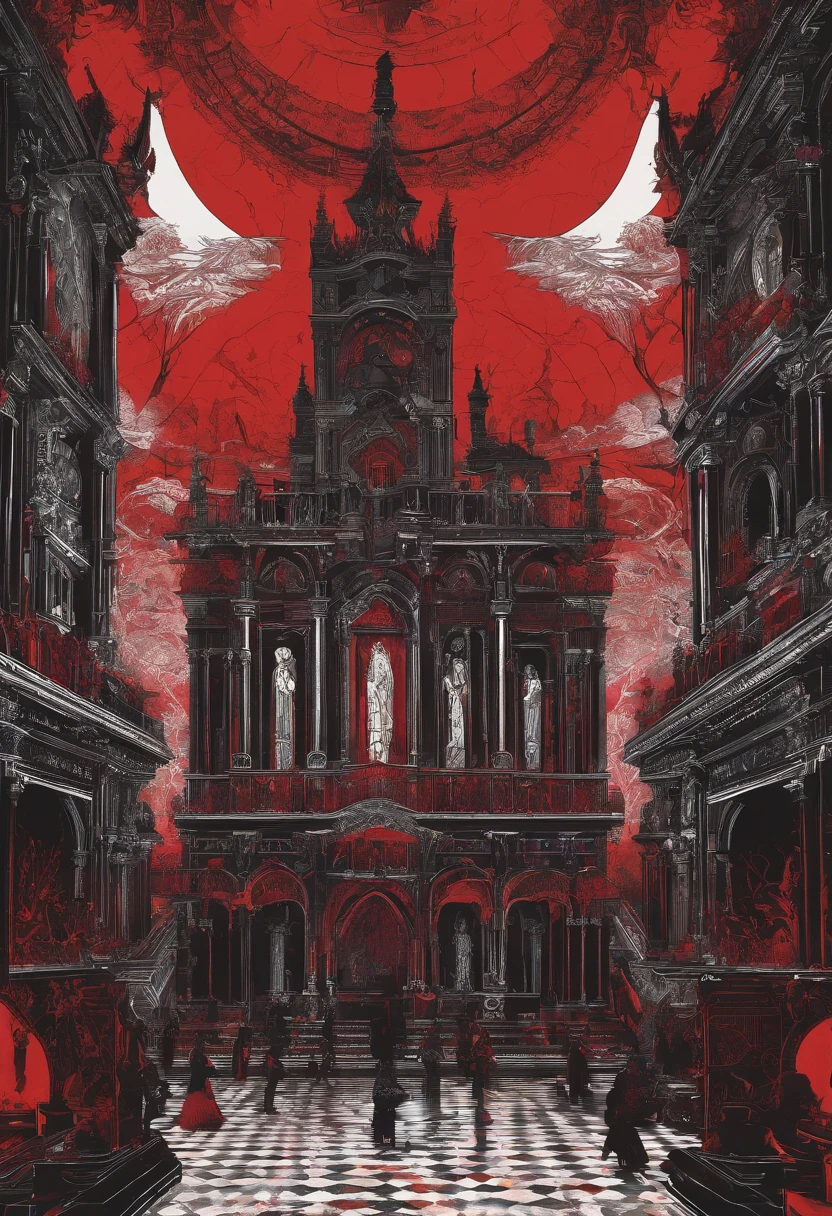 Photograph of the process that takes place in the text-to-image software with artificial intelligence in the first moments of generation.Dance party in a retro Western-style building、The spectacle of the feast of the nobility、Red and black color scheme