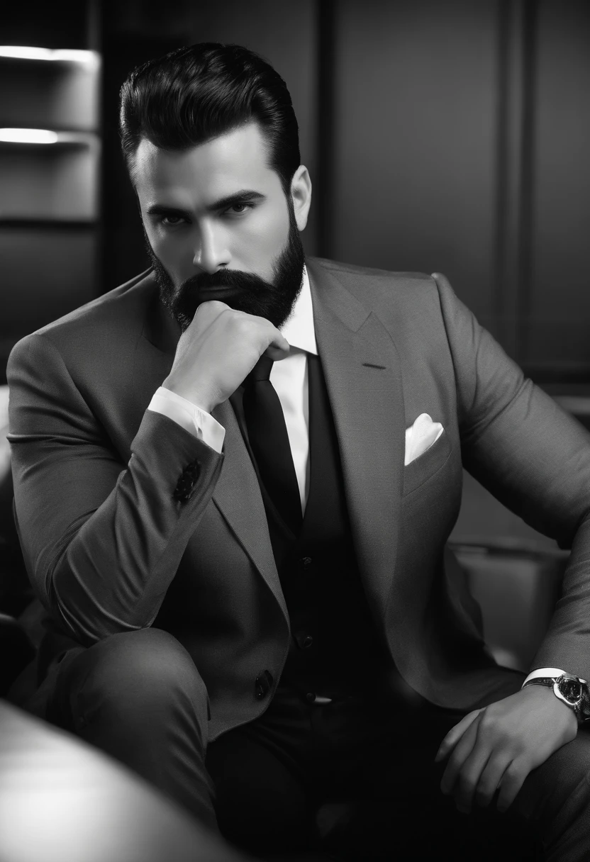 ((Half body))Photo Man sitting on chair in CEO office of RAW、wearing black suit、(Use a black beard)a scene from a movie(impeccable)、Serious and elegant man、With thick male eyebrows、(With a mysterious and serious face)short dark hair、Dark black background image、Elegant、(High-quality, realistic images)