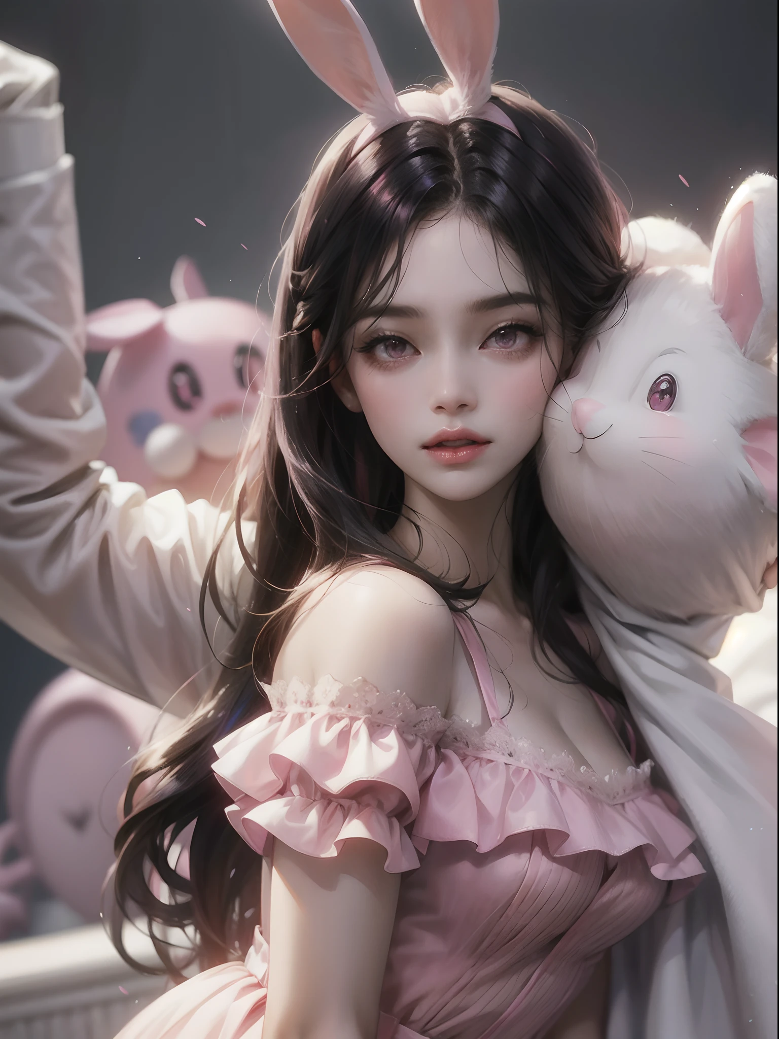 a women, pink bunny ears, black hair, pink eyes, pink dress