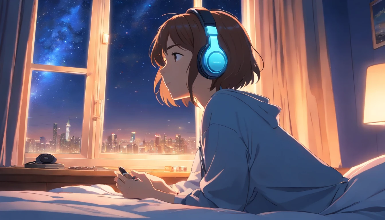 a girl hearing music with headphone in bed window side night many star in sky