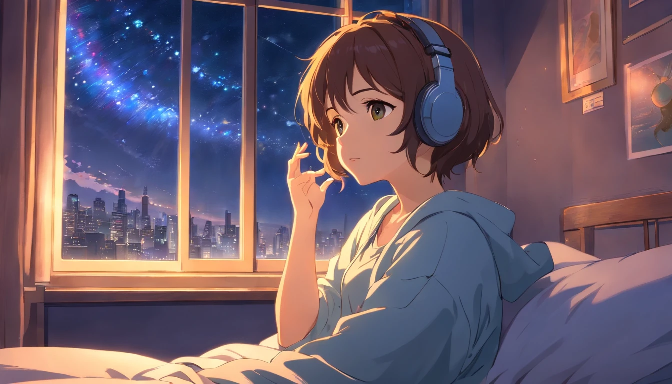 a girl hearing music with headphone in bed window side night many star in sky
