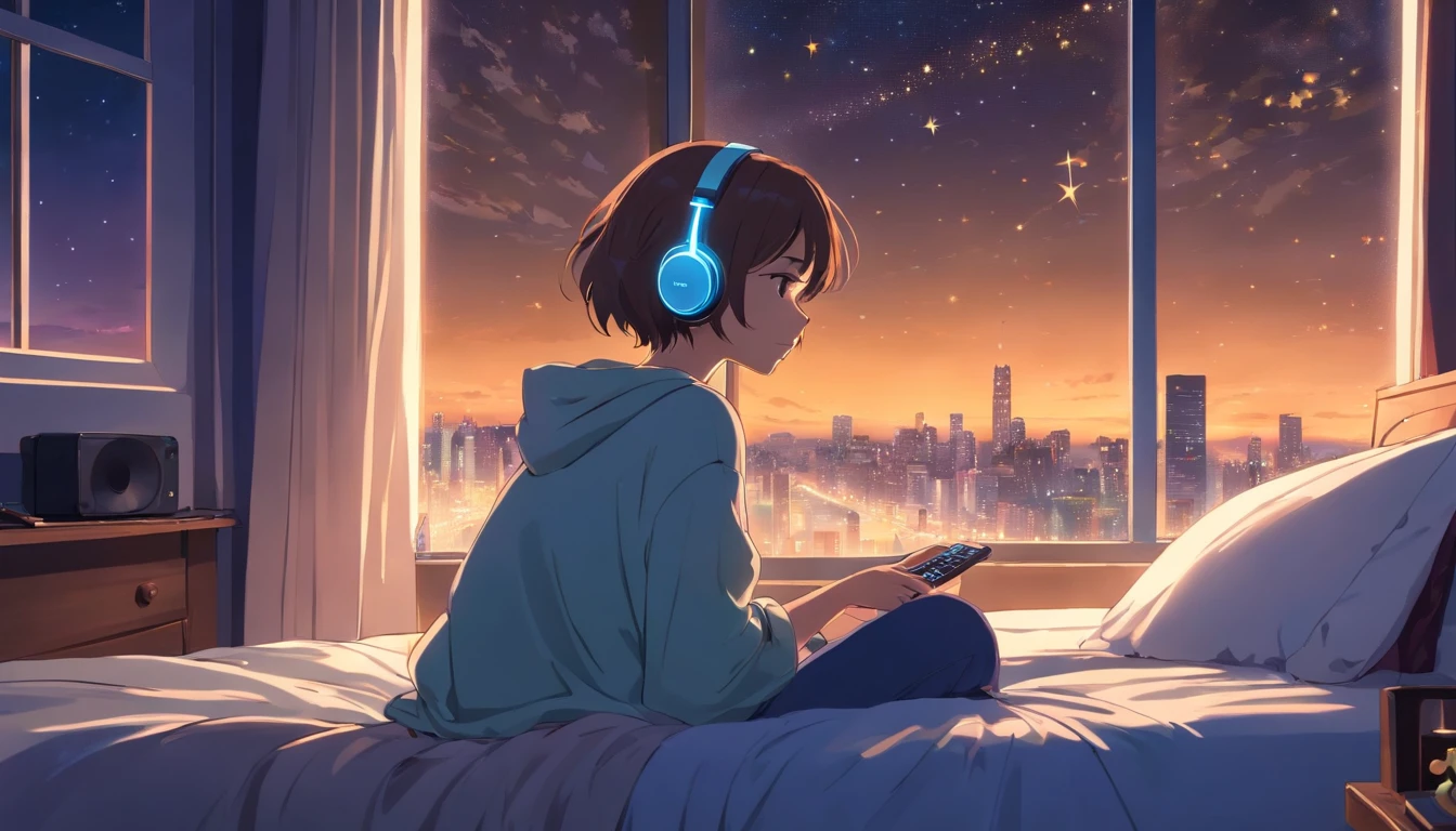 a girl hearing music with headphone in bed window side night many star in sky