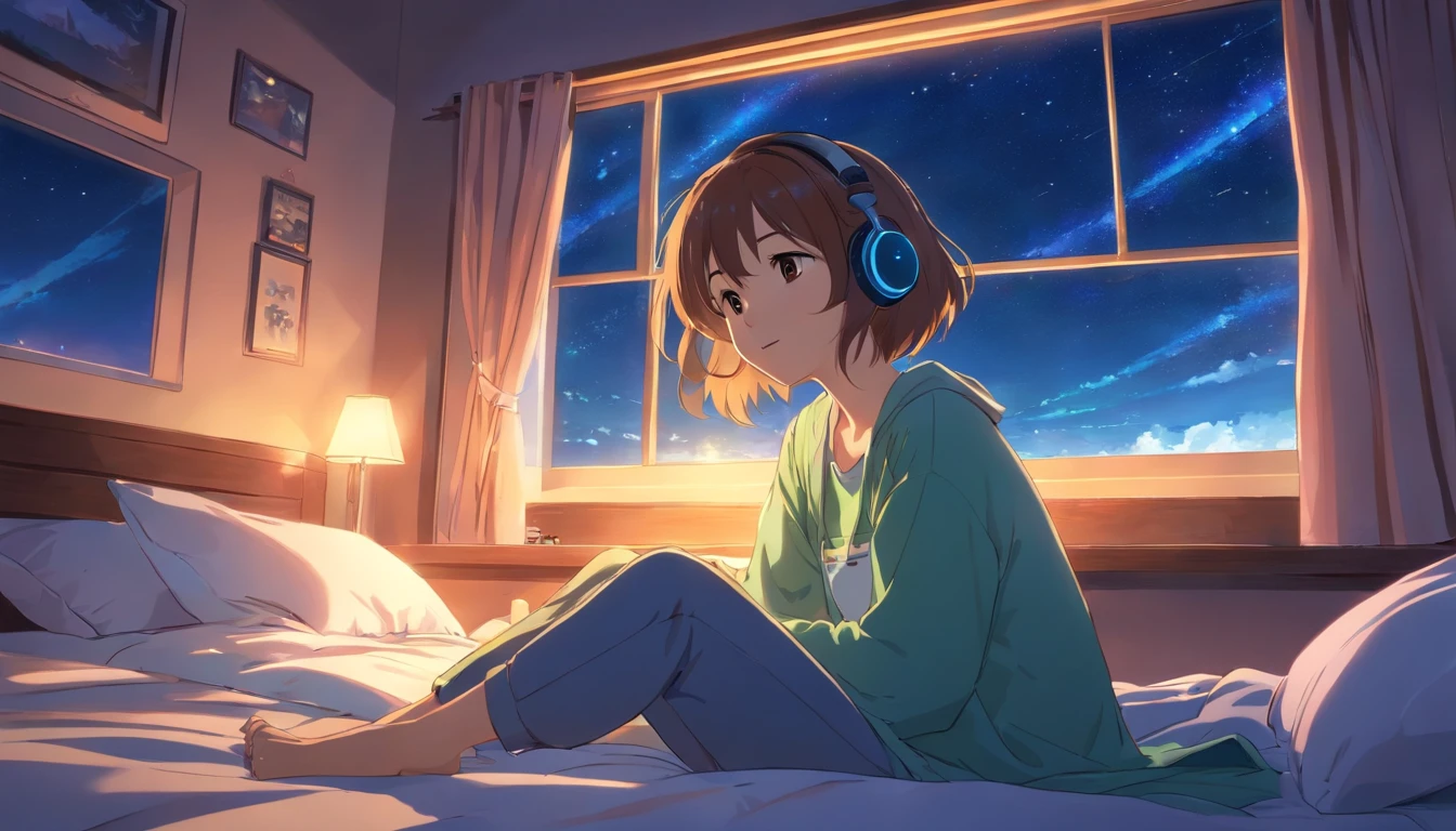 a girl hearing music with headphone in bed window side night many star in sky