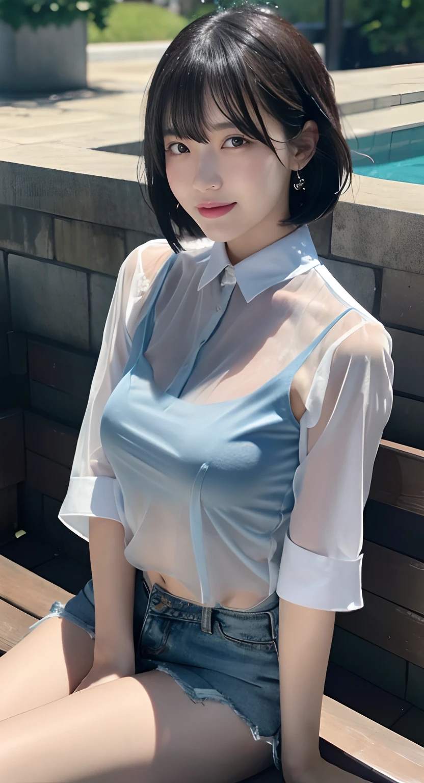 (top-quality,in 8K,masterpiece:1.3,),(超A high resolution,Photorealsitic:1.4,Raw photography),(ultra-detailliert:1.1,shinny skin,Delicate skin),(Detailed face,Perfect Anatomy,Caustics),(facing front),(sit on a bench),One girl wetting her whole body,24 year old,kawaii,Japanese ido,stares at the camera,Wet black hair,Water dripping from hair,a short bob,A smile,large boob,(see through shirts:1.5),(Wet white shirt:1.1),(Wearing a light blue bra under clothes),(Light blue bra visible through clothes:1.1),a miniskirt,rain is falling,Rain sky,Dynamic lighting,lighting like a movie,composition from the waist up