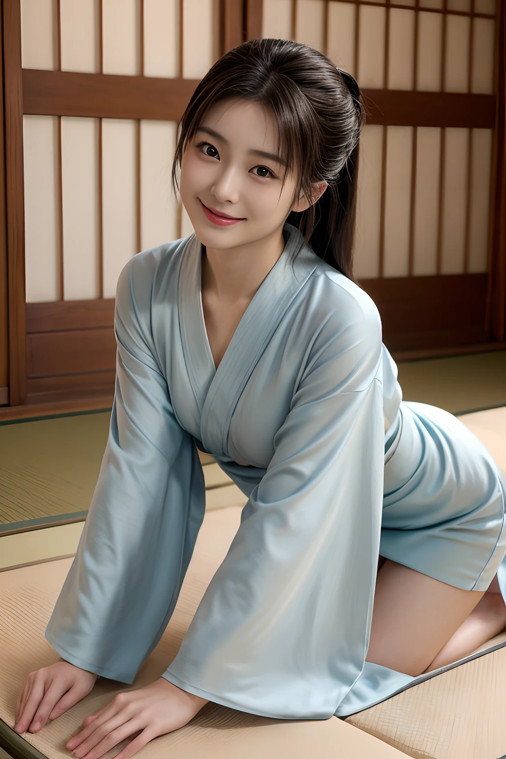 masterpiece、8K、32K、top-quality、nffsw、A cute Japanese woman、detail portrayal、1 girl in、elegent、28 year old、Buttocks、(Semi-undressing、kimono:1.1)、kyoto、outside of house、cowboy shot、(all-fours:1.7)、Smile