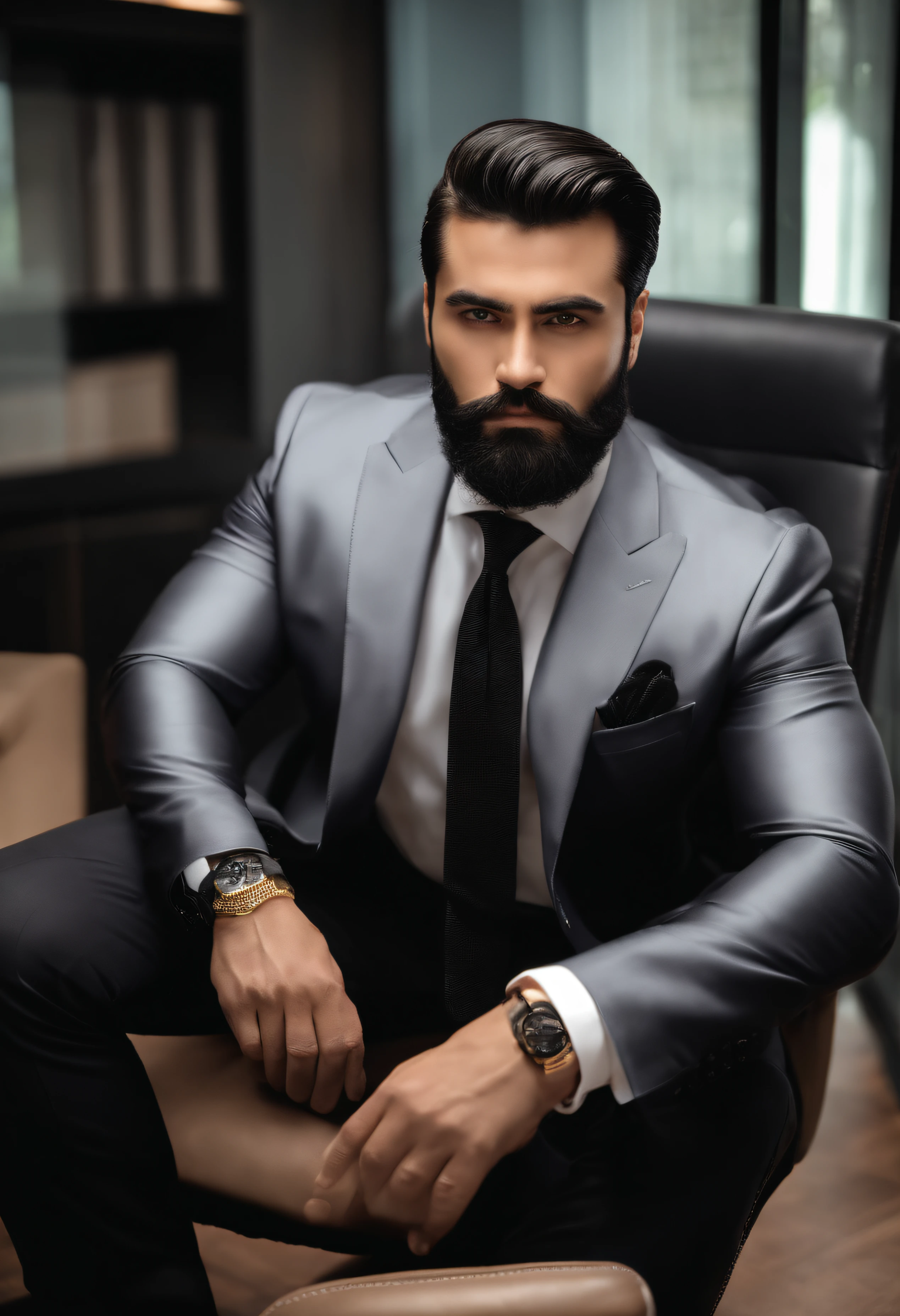 ((Half body))Photo Man sitting on chair in CEO office of RAW、wearing black suit、(Use a black beard)a scene from a movie(impeccable)、Serious and elegant man、With thick male eyebrows、(With a mysterious and serious face)short dark hair、Dark black background image、Elegant、(High-quality, realistic images)
