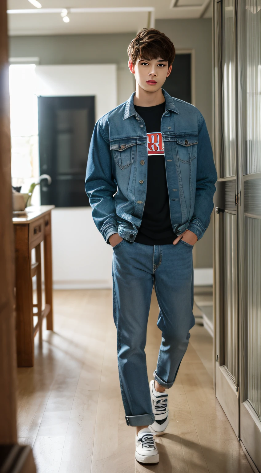 Raw photography, 1boy, Male Focus, Young man in clothes, Looking at Viewer,Indoors, Beautiful lighting, deepshadow, Best Quality, masutepiece, Ultra-high resolution, Photorealsitic, Blurry background,The whole body is reflected,Up to shoes,espadrilles,LongTThe shirt,jaket,denim pant,Plain background,Adults,twinks