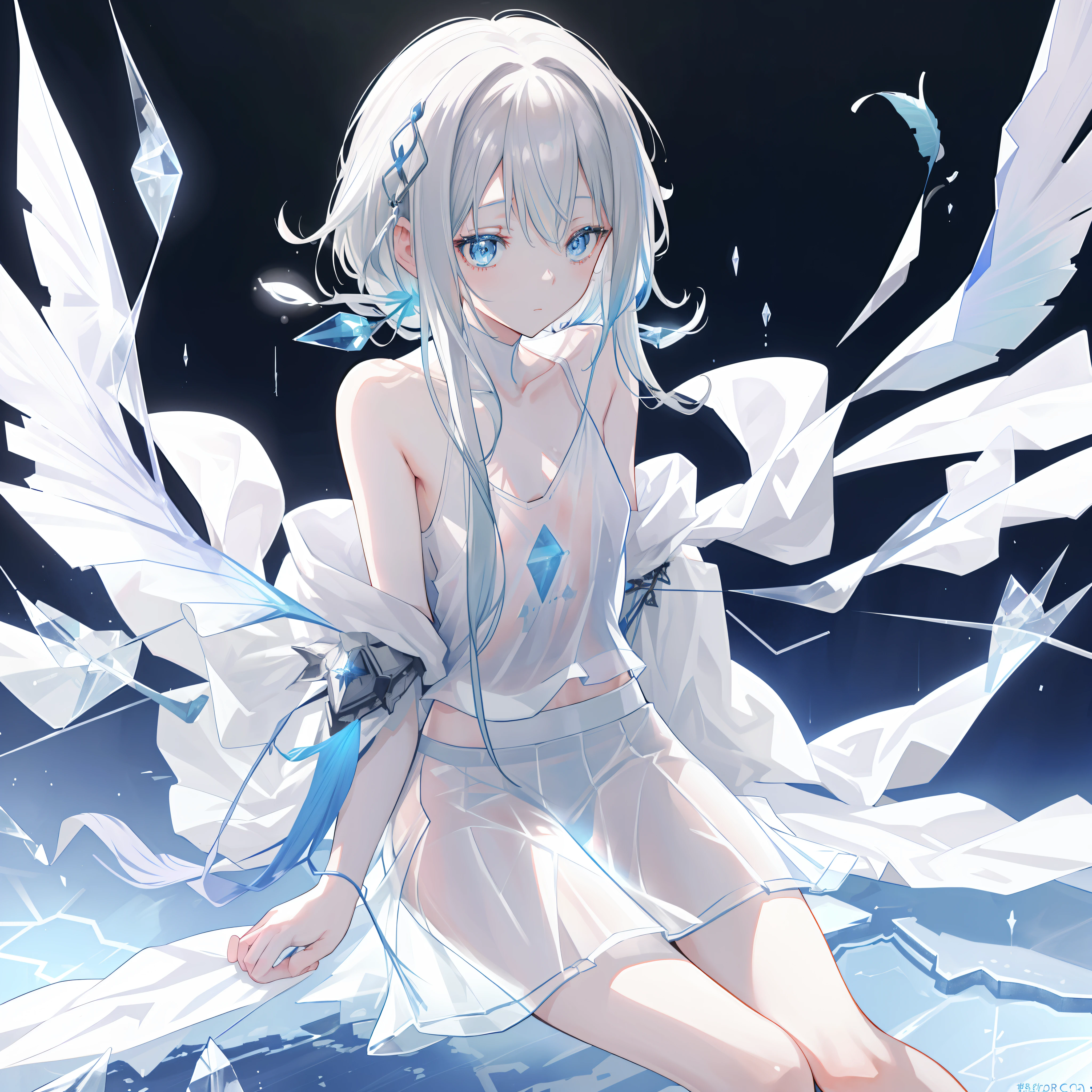 (A close up view) of anime teen girl, ((sitting on ice)), (mostly naked), barefoot, cinematic light, skin is perfectly white, soft, and smooth, ((no nsfw)), Extremely delicate and beautiful CG illustration, small thigh, slim body, best quality, high resolution, dynamic angle, full-length lens, (1 girl), (water splashing), soft light, high-key lighting), glowing light, feathers fluttering background, blue crystal, (((wearing nothing but a white (transparent) tank top and a transparent skirt)))