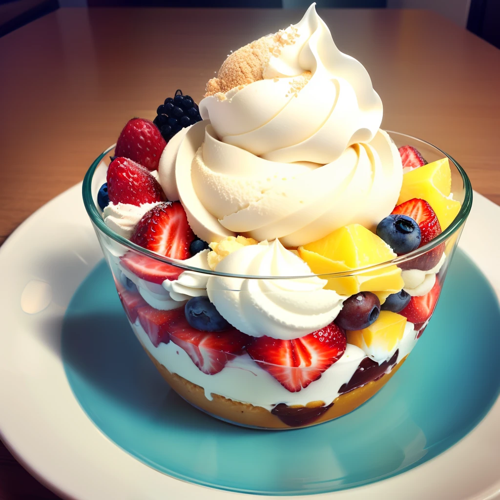 Fresh fruit parfait with soft ice cream, ice cream on top, plan on top, whipped cream on top