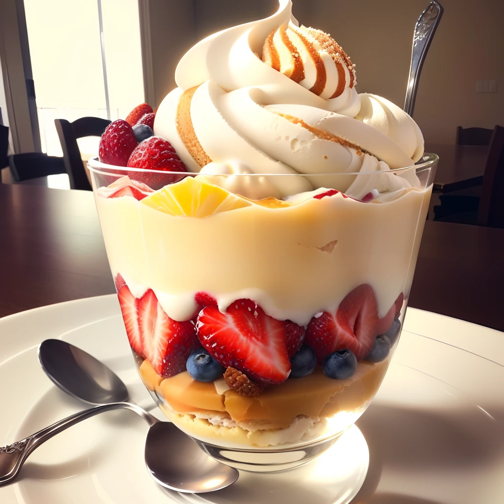 Fresh fruit parfait with soft ice cream, ice cream on top, plan on top, whipped cream on top