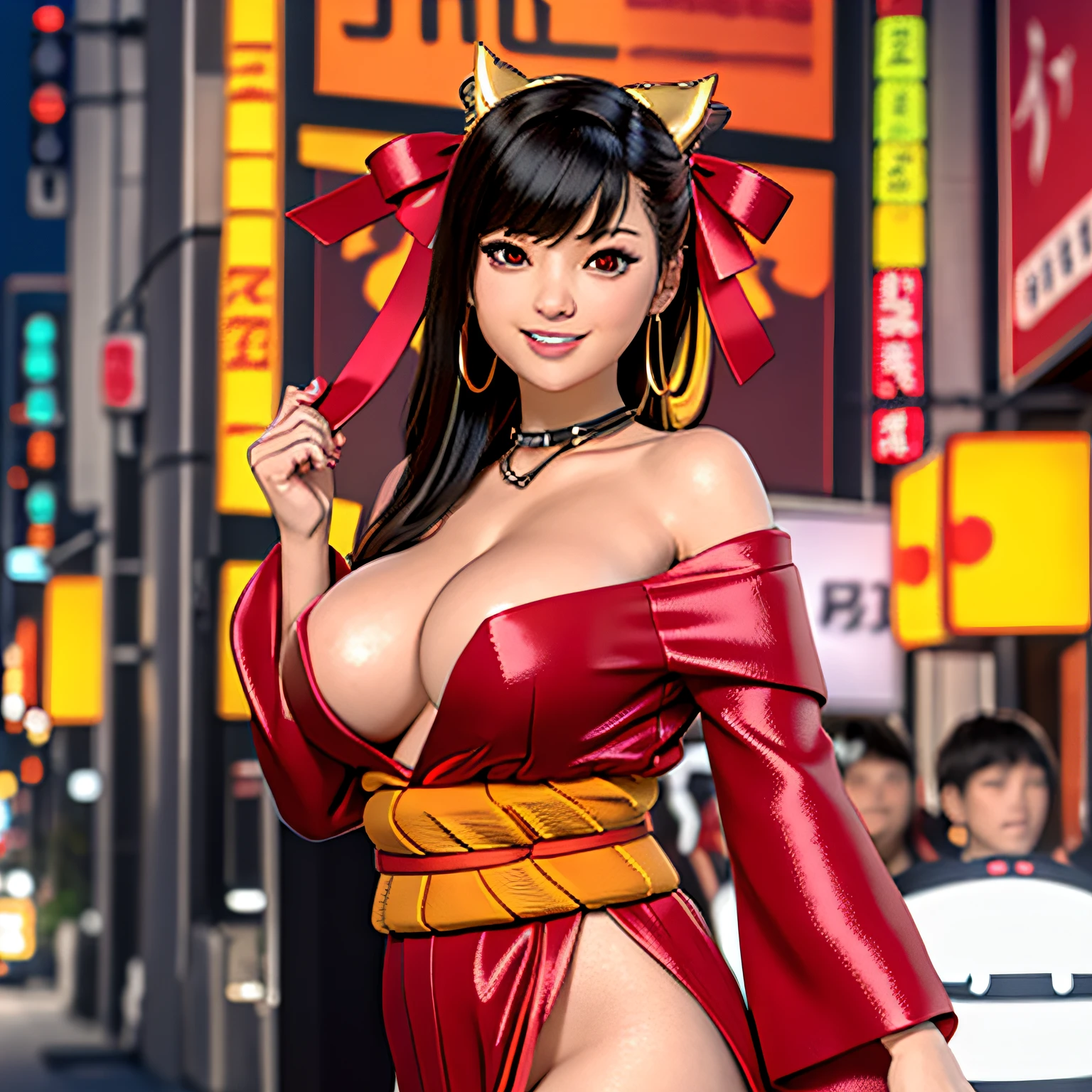 ((gorgeous Golden kimono)),((gorgeous orange kimono)),((gorgeous pink kimono)),((gorgeous red kimono)),((royal textured kimono)), (((smile:1.0, laugh:1.0))), 1girl, solo, makeup, highres, large breasts:1.4 , cleavage, looking at viewer, smile, bangs, bare shoulders, black hair,collarbone, crossed bangs, hair between eyes, hair ornament, hair ribbon, huge breasts, japanese clothes, large breasts, long hair,mask, mask on head, off shoulder, parted lips, red eyes, red kimono, red ribbon, ribbon, striped ribbon, taihou \(azur lane\), twintails, very long hair, wide sleeves,(shiny skin), sash, night, detailed background, Cyberpunk world, Modern metropolis, neon,nsfw:3,