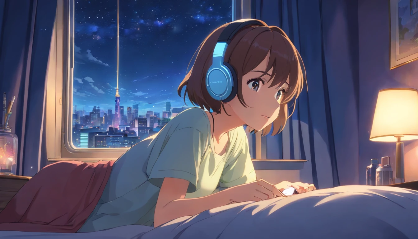 a girl hearing music with headphone in bed window side night many star in sky mobile in hand