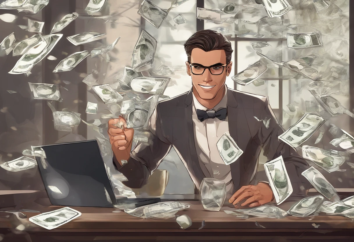 um homem,sorridente,relaxante,goodlooking,meia-idade,Sentado na frente do PC,Lots of coins and bills are falling like rain behind him,Holding the glass in my hand,Muito wad、imagem brilhante、Clear facial expressions