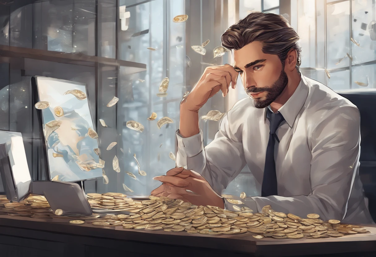 um homem,sorridente,relaxante,goodlooking,meia-idade,Sentado na frente do PC,Lots of coins and bills are falling like rain behind him,Holding the glass in my hand,Muito wad、imagem brilhante、Clear facial expressions