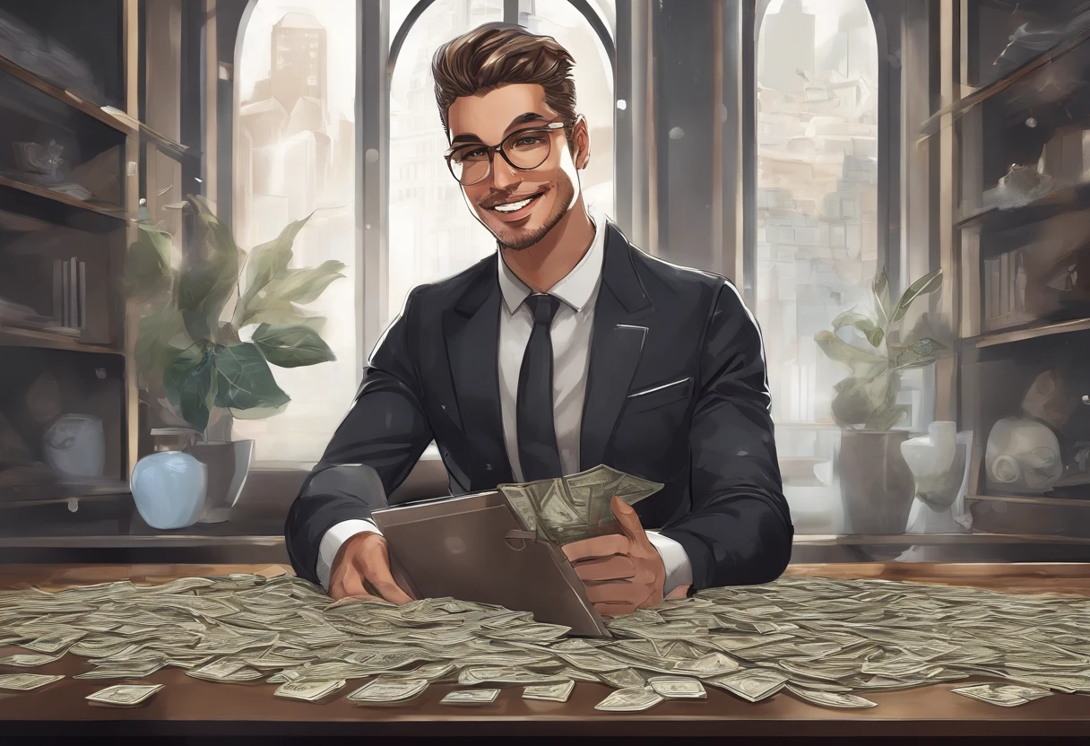 um homem,sorridente,relaxante,goodlooking,meia-idade,Sentado na frente do PC,Lots of coins and bills are falling like rain behind him,Holding the glass in my hand,Muito wad、imagem brilhante、Clear facial expressions