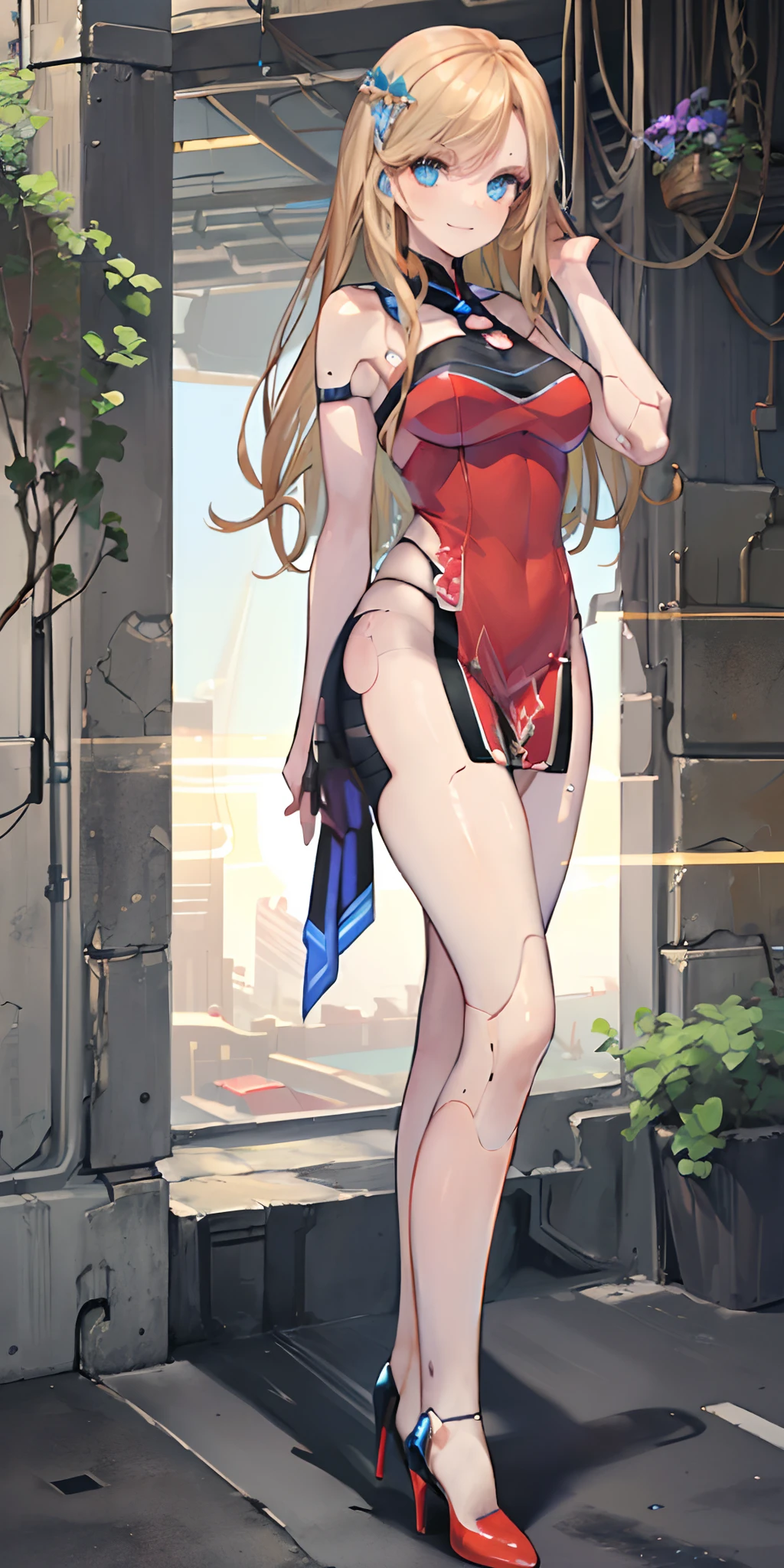 (Best quality, masterpiece:1.5), solo, standing, close up, beauty shot of a beautiful blonde haired android woman with shimmering blue eyes, decently sized, soft , and detailed seams along her body, wearing a flowing red dress, and matching high heels. She's posing confidently, and has a confident smile on her face. The background shows she’s in a futuristic version of New York City, at night.