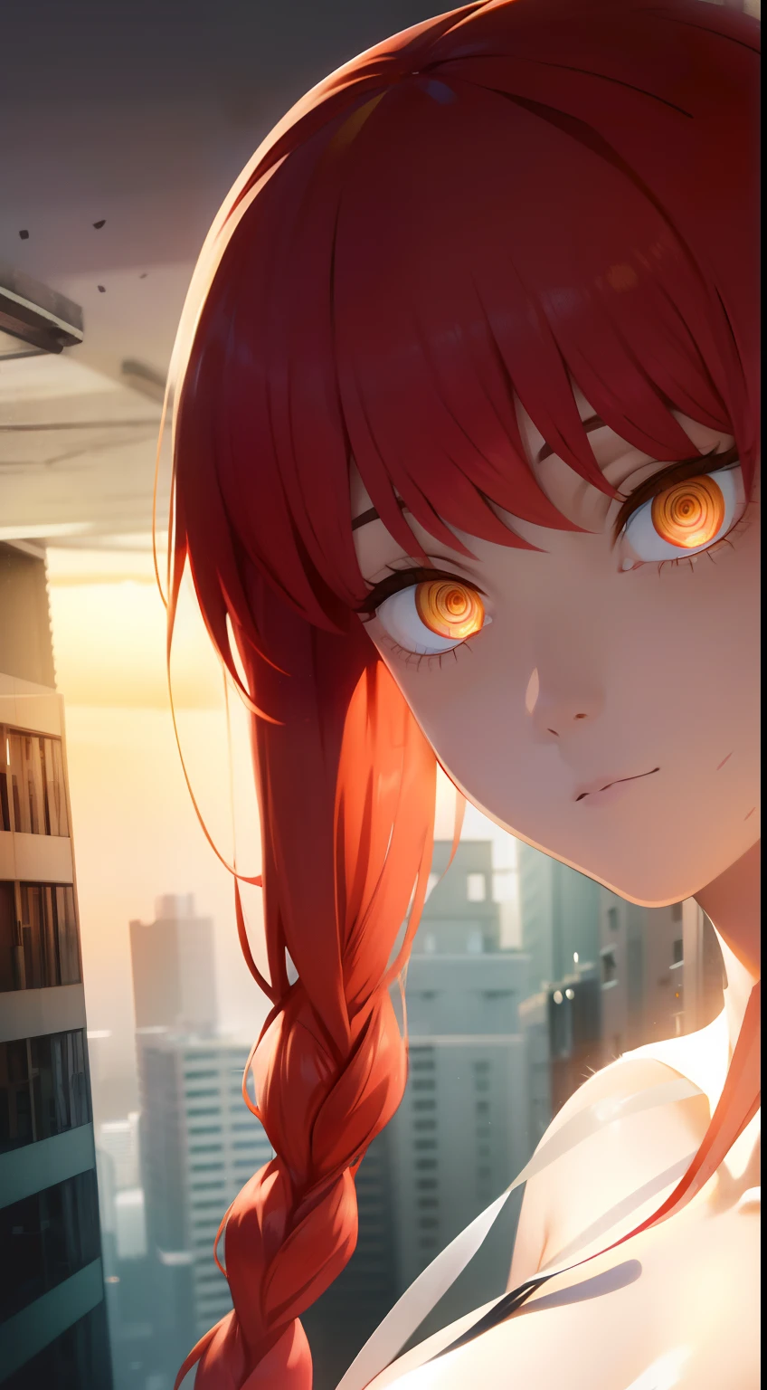naked body, A ruined building, sexy body, teats, bare buttocks, beautiful breasts, bare buttocks, waist, tmasterpiece, beste-Qualit, portraite of a, a 1girl,makima \(chainsaw man\), 独奏, standingn, redhead hair, hairlong, braided, (bright glowing eyes: 1.4), (golden eyes: 1.3), dilated pupils, quiff, Average Breasts, white  shirt, tie, opinion, ssmile, looking a viewer, (interview:1.3), hight resolution, (facial focus:1.4), (gaze at the viewer:1.15), (black backdrop,)
