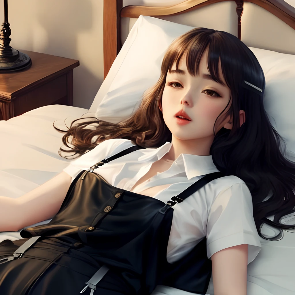 Black silk suspenders，female pervert，Lie down in bed