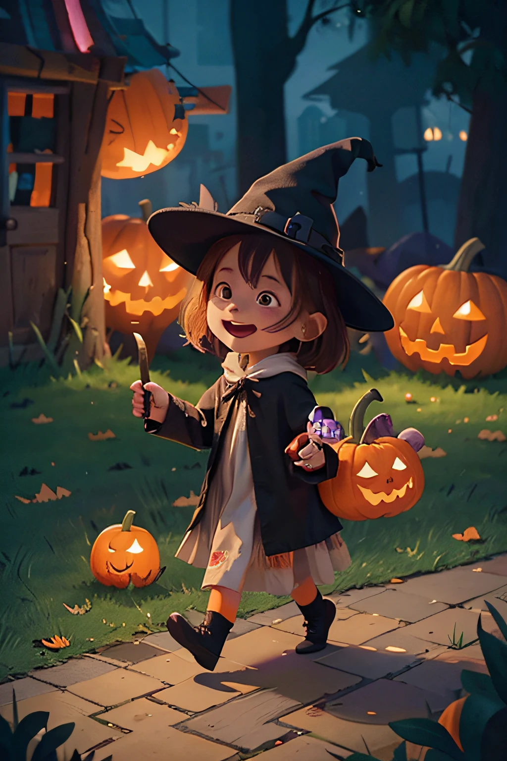 A little witch dressed in a witch's costume，Carrying a bright jack-o'-lantern in his hand，Walk at the entrance of the Halloween party，Her face was filled with anticipation and joy,Graffiti in artist style,Clear illustrations,Bold lines and solid colors