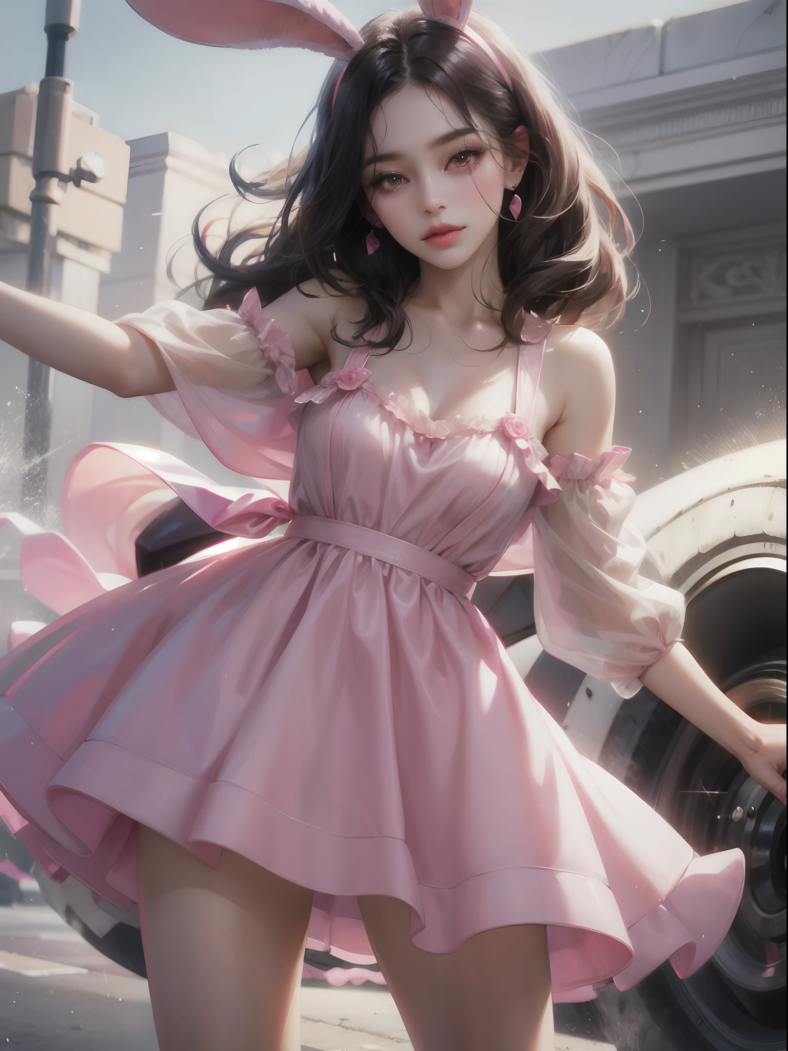 a women, pink bunny ears, black hair, pink eyes, pink dress